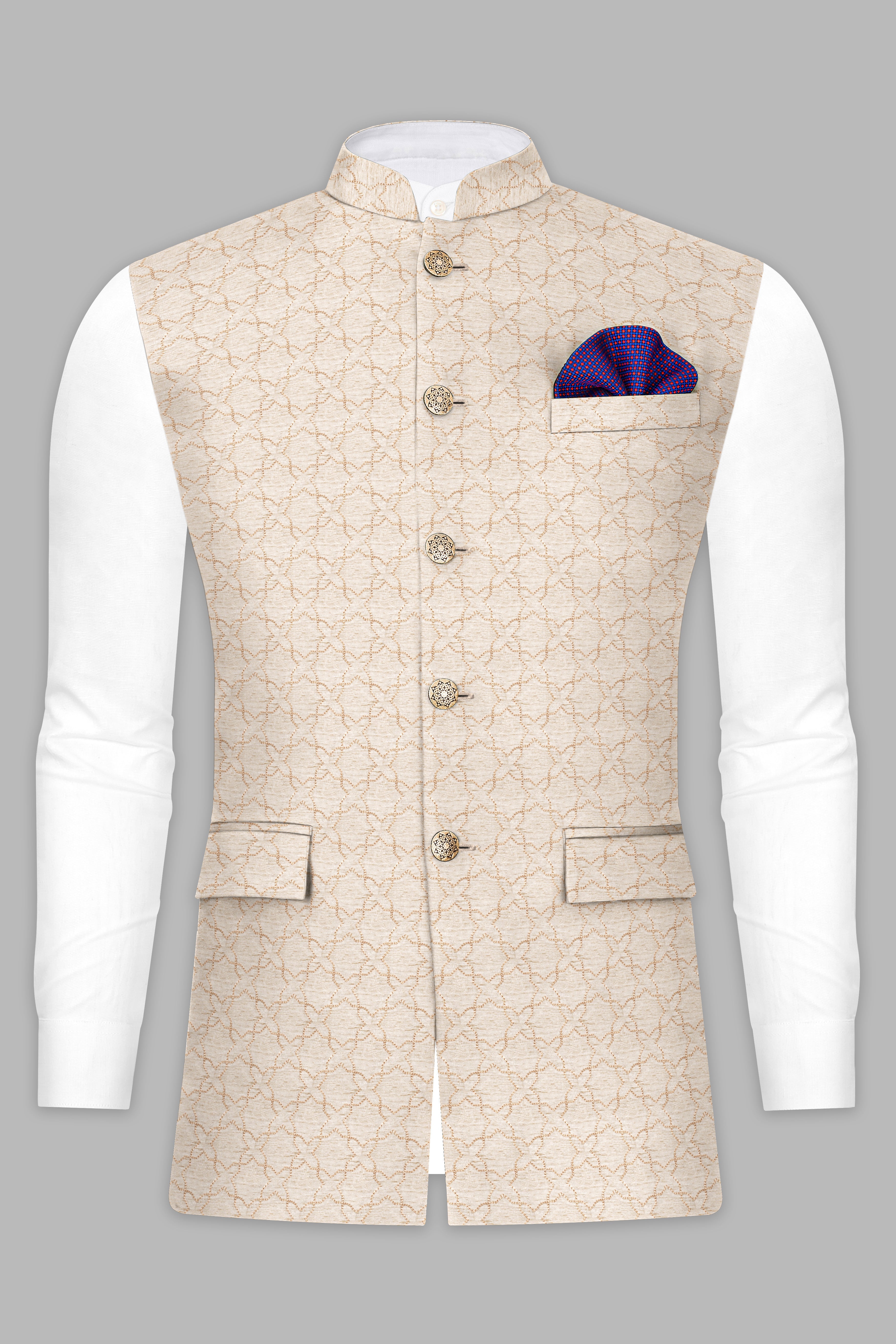 Pearl Bush Cream hexagon Designer Embroidered Nehru Jacket