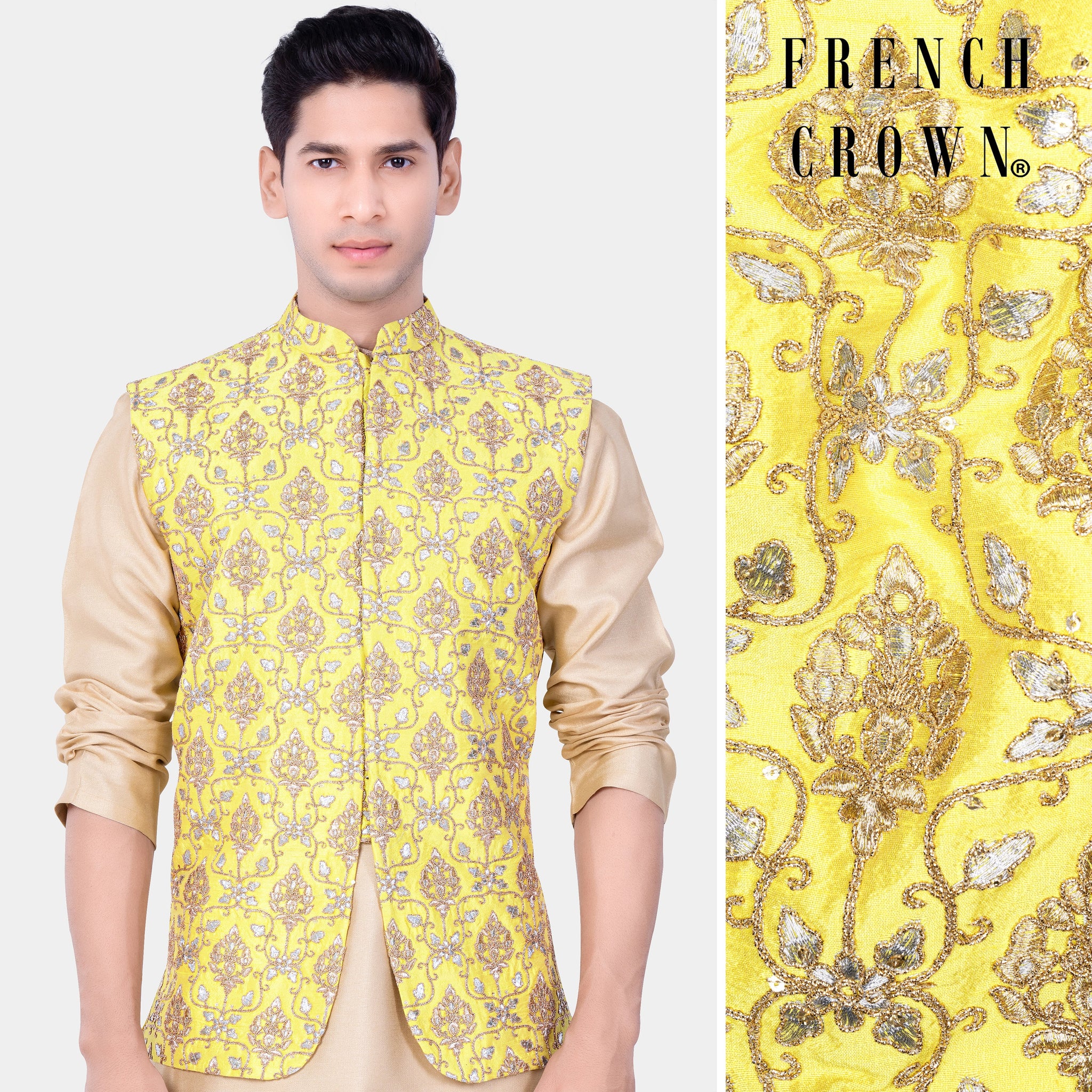 Men'S Yellow Embroidered Nehru Jacket
