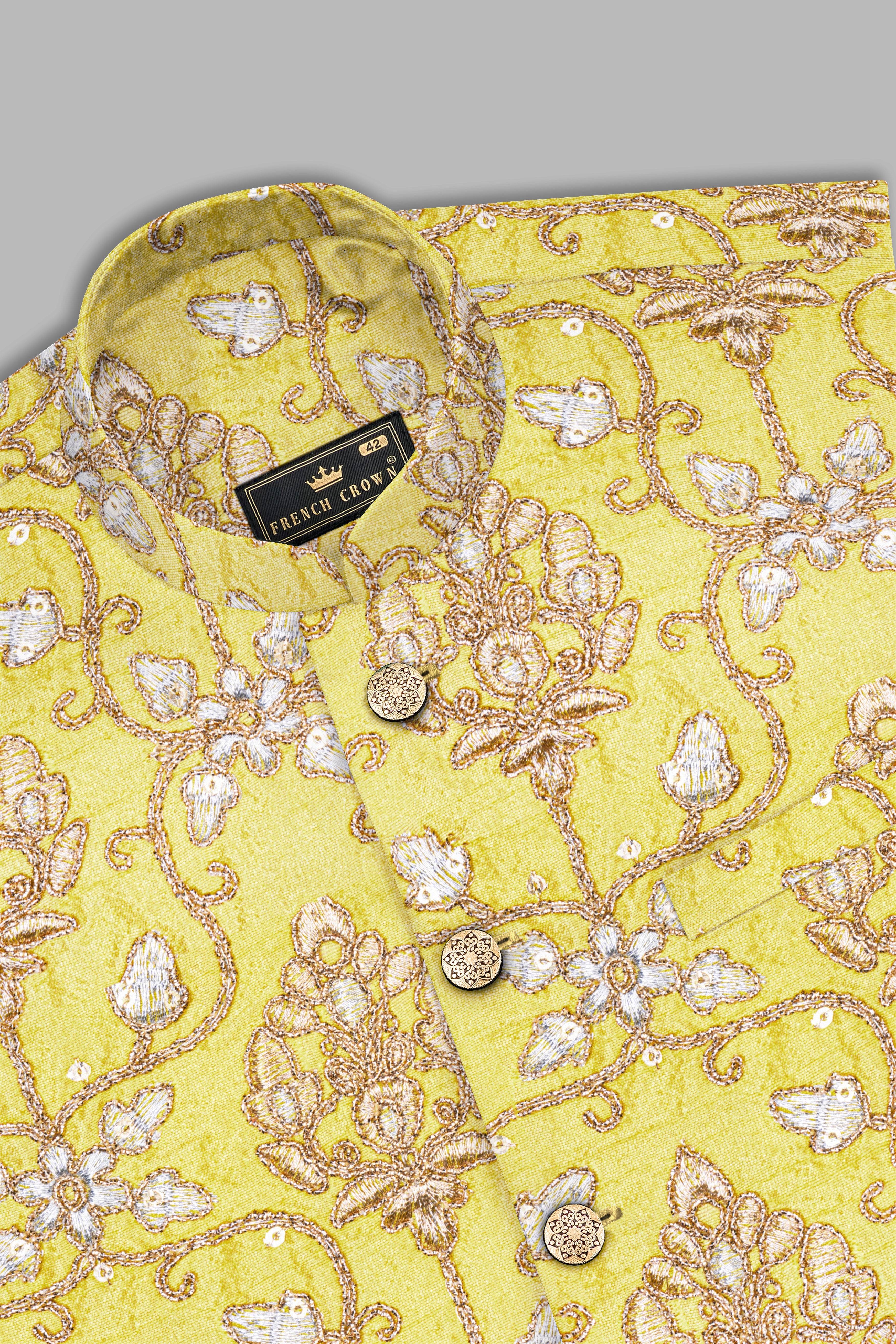 Marigold Yellow And Quicksand Brown Thread Embroidered Nehru Jacket