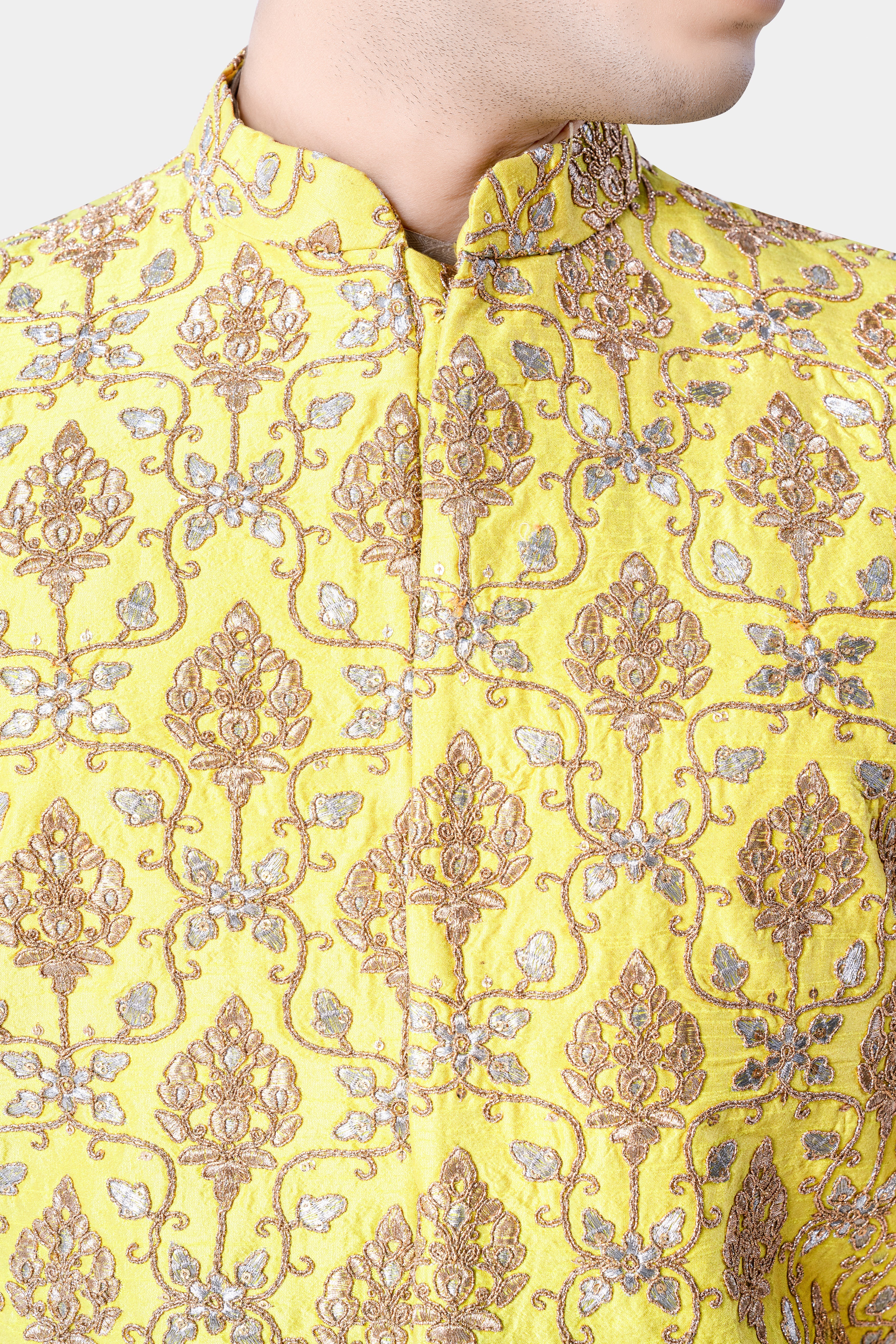 Marigold Yellow And Quicksand Brown Thread Embroidered Nehru Jacket