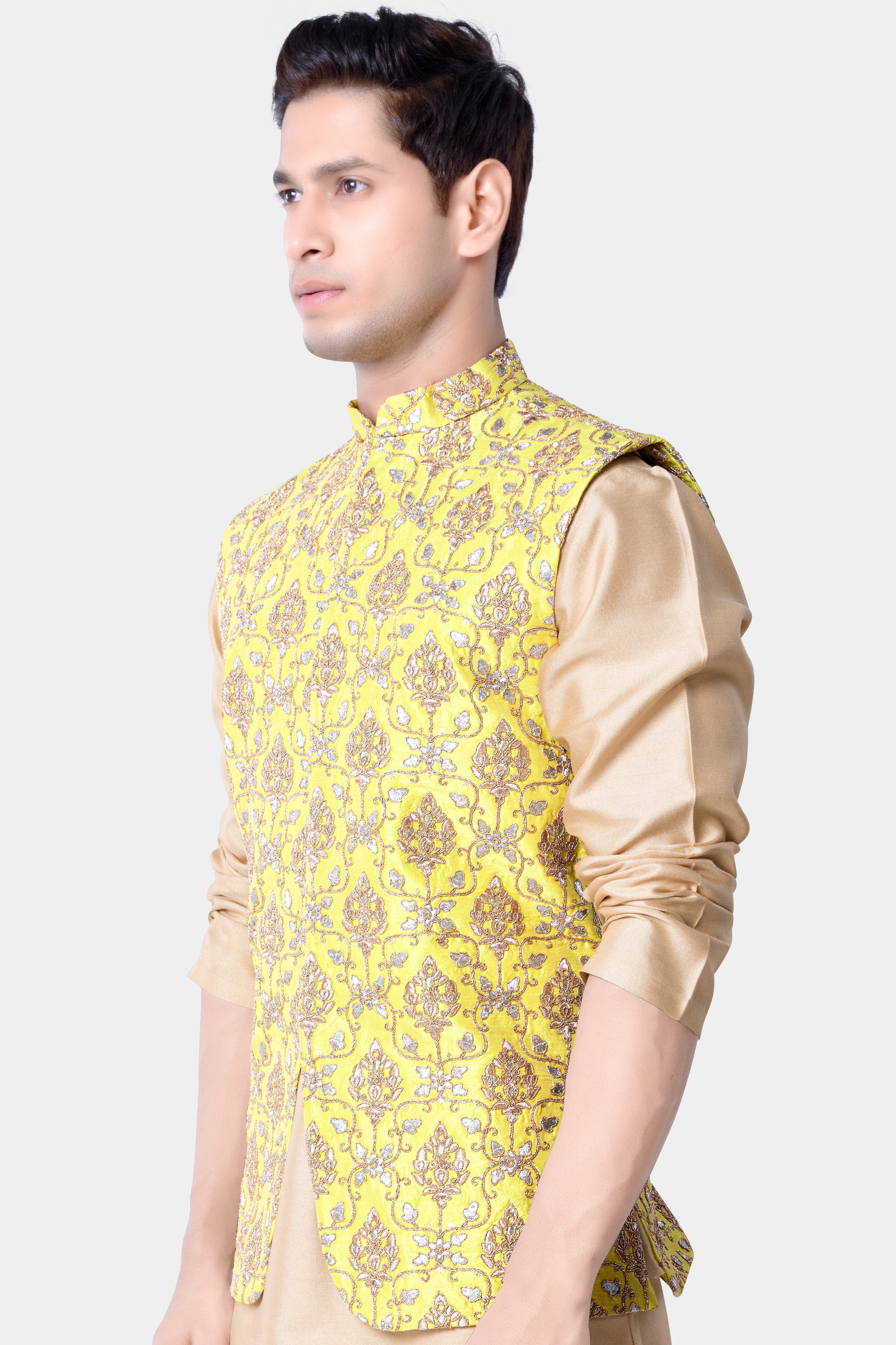 Marigold Yellow And Quicksand Brown Thread Embroidered Nehru Jacket