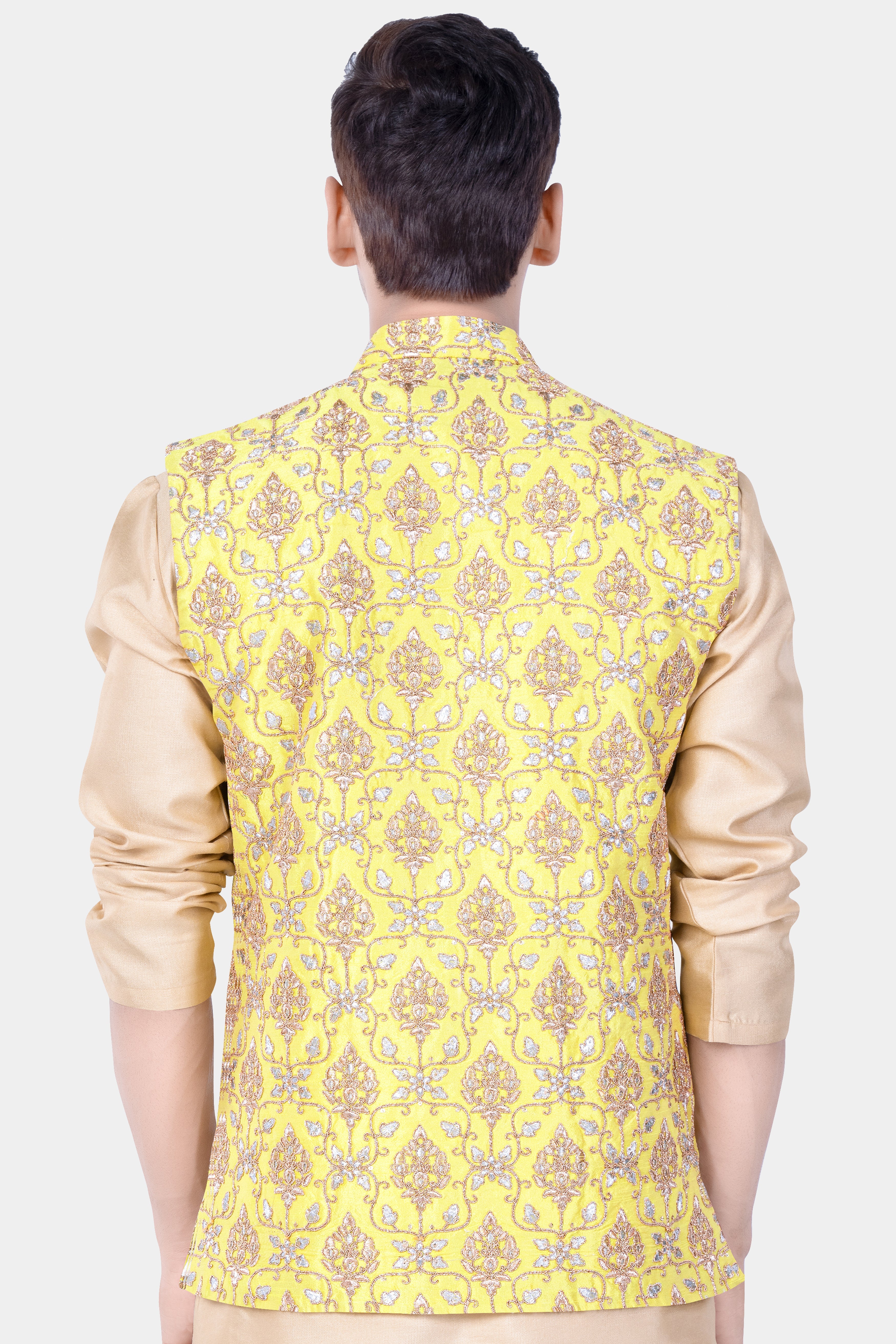 Marigold Yellow And Quicksand Brown Thread Embroidered Nehru Jacket
