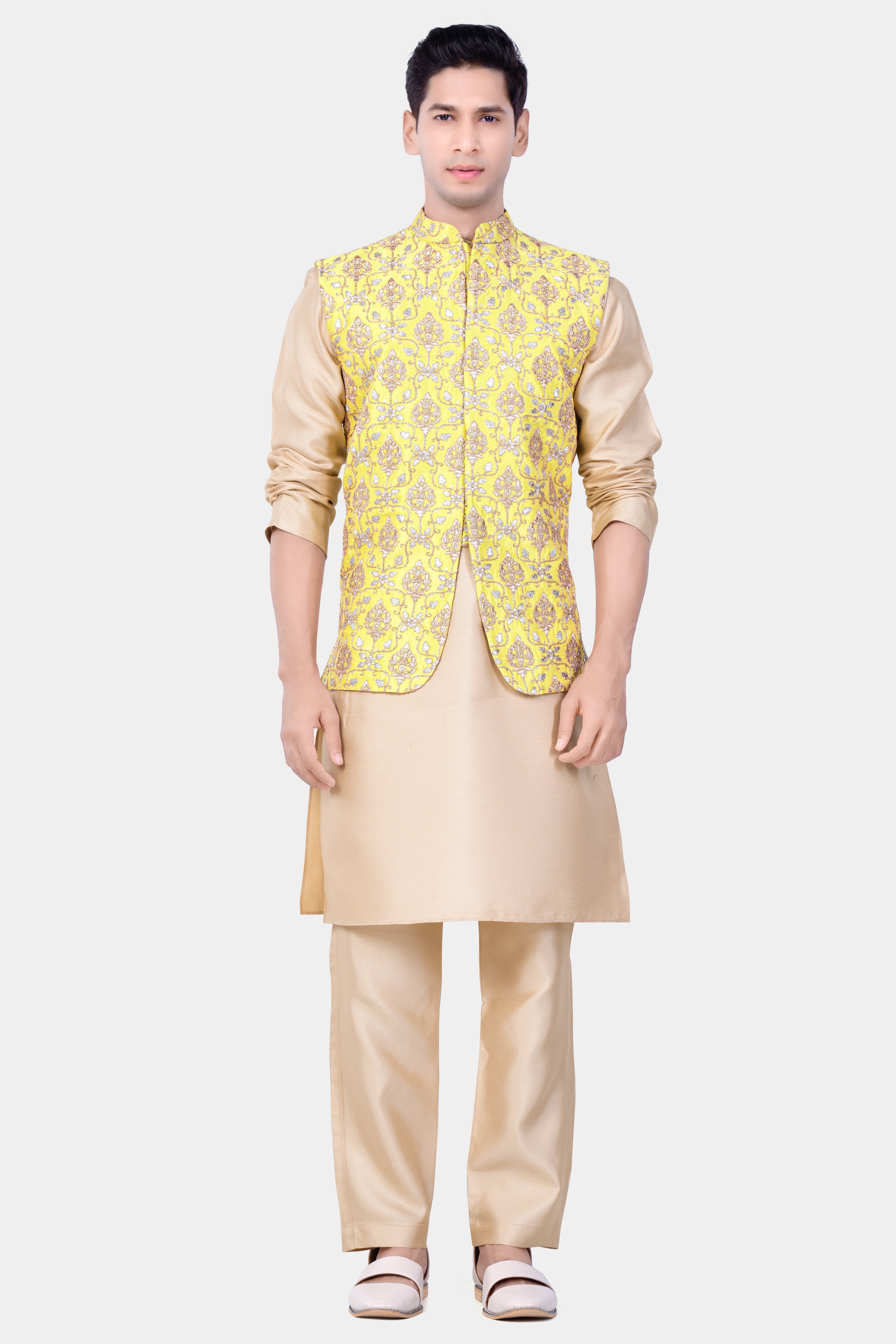 Marigold Yellow And Quicksand Brown Thread Embroidered Nehru Jacket