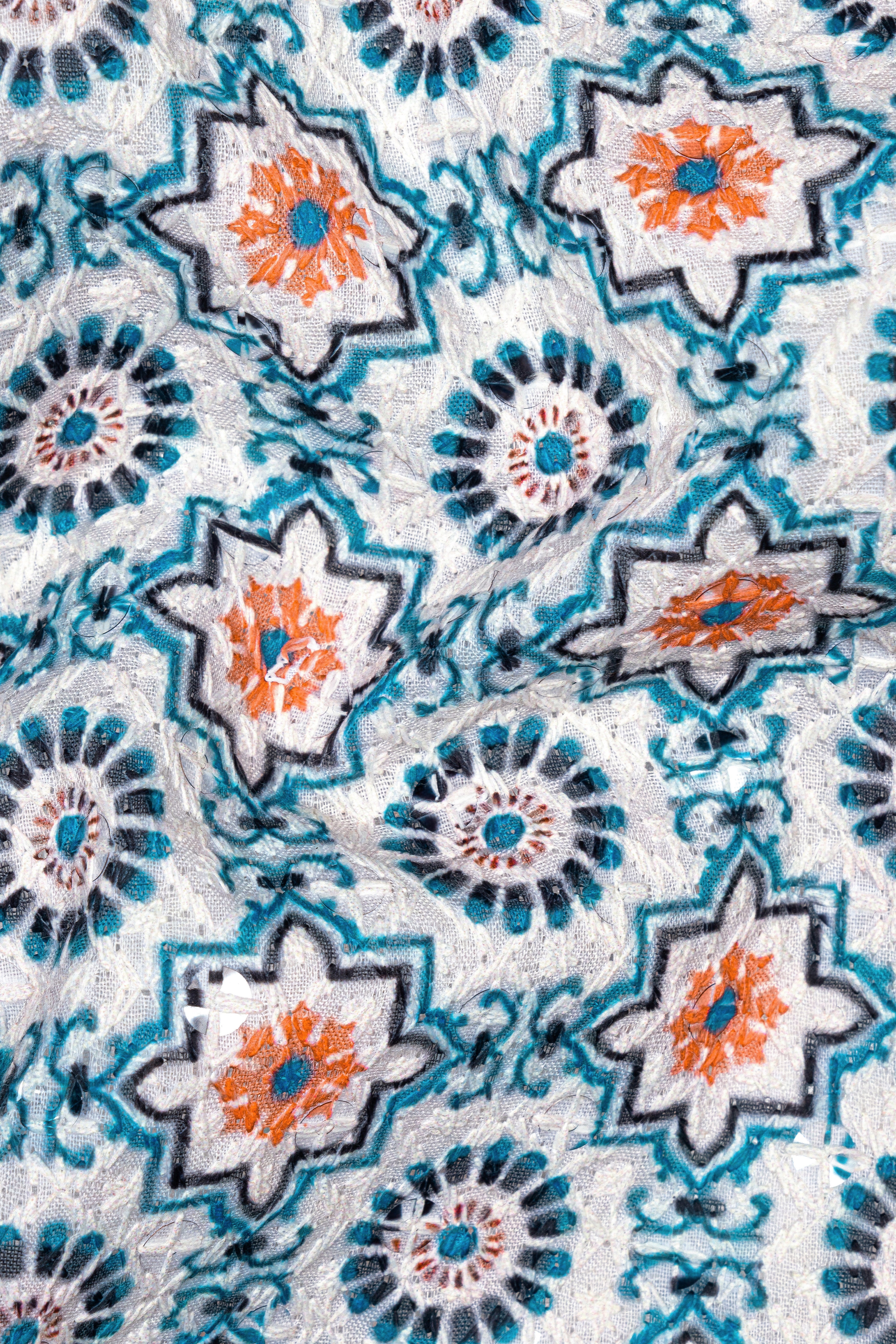 Persian Blue And Crusta Orange hexagon Thread Embroidered Nehru Jacket
