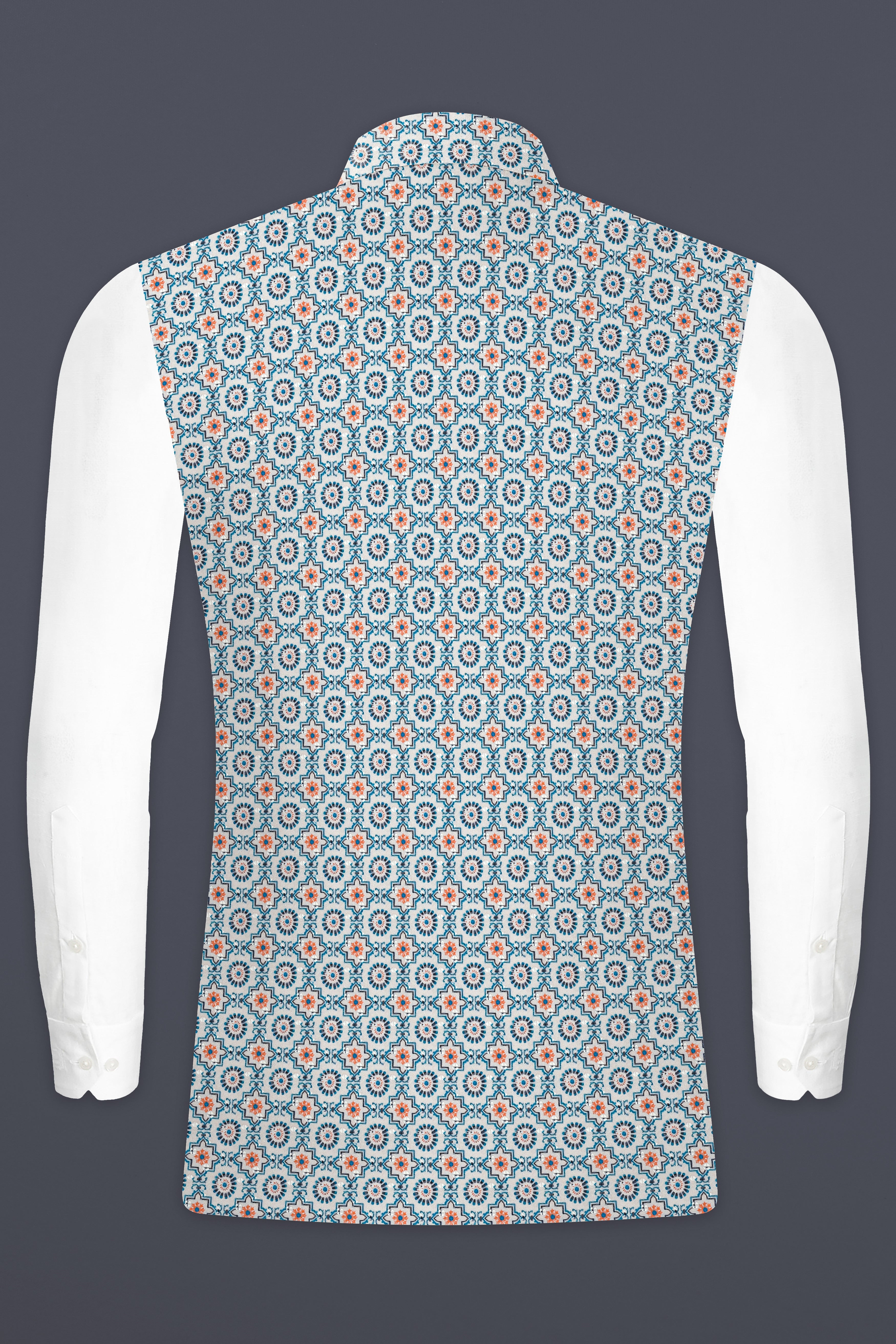 Persian Blue And Crusta Orange hexagon Thread Embroidered Nehru Jacket