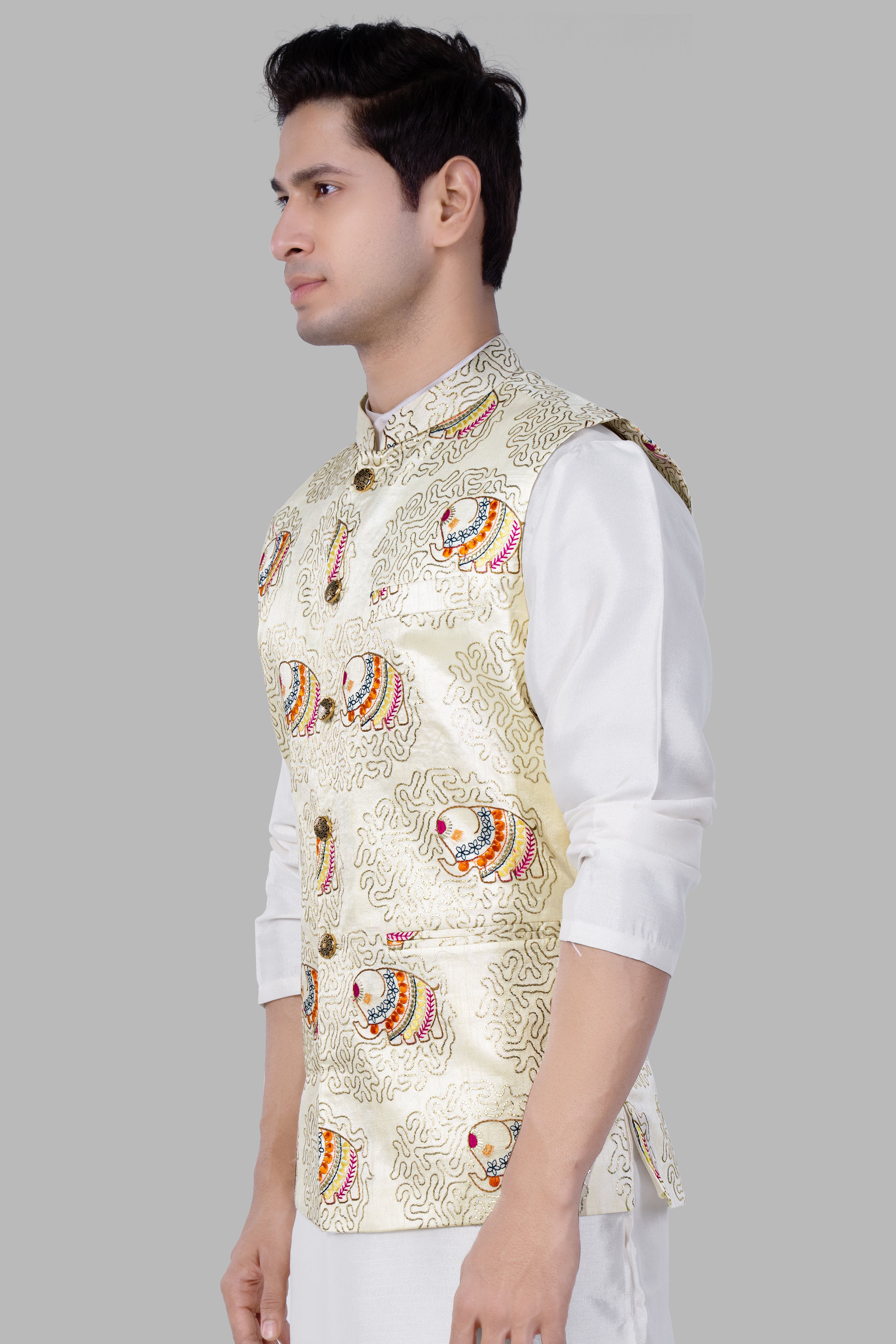 Soft Amber Cream Designer Elephant Embroidered Nehru Jacket