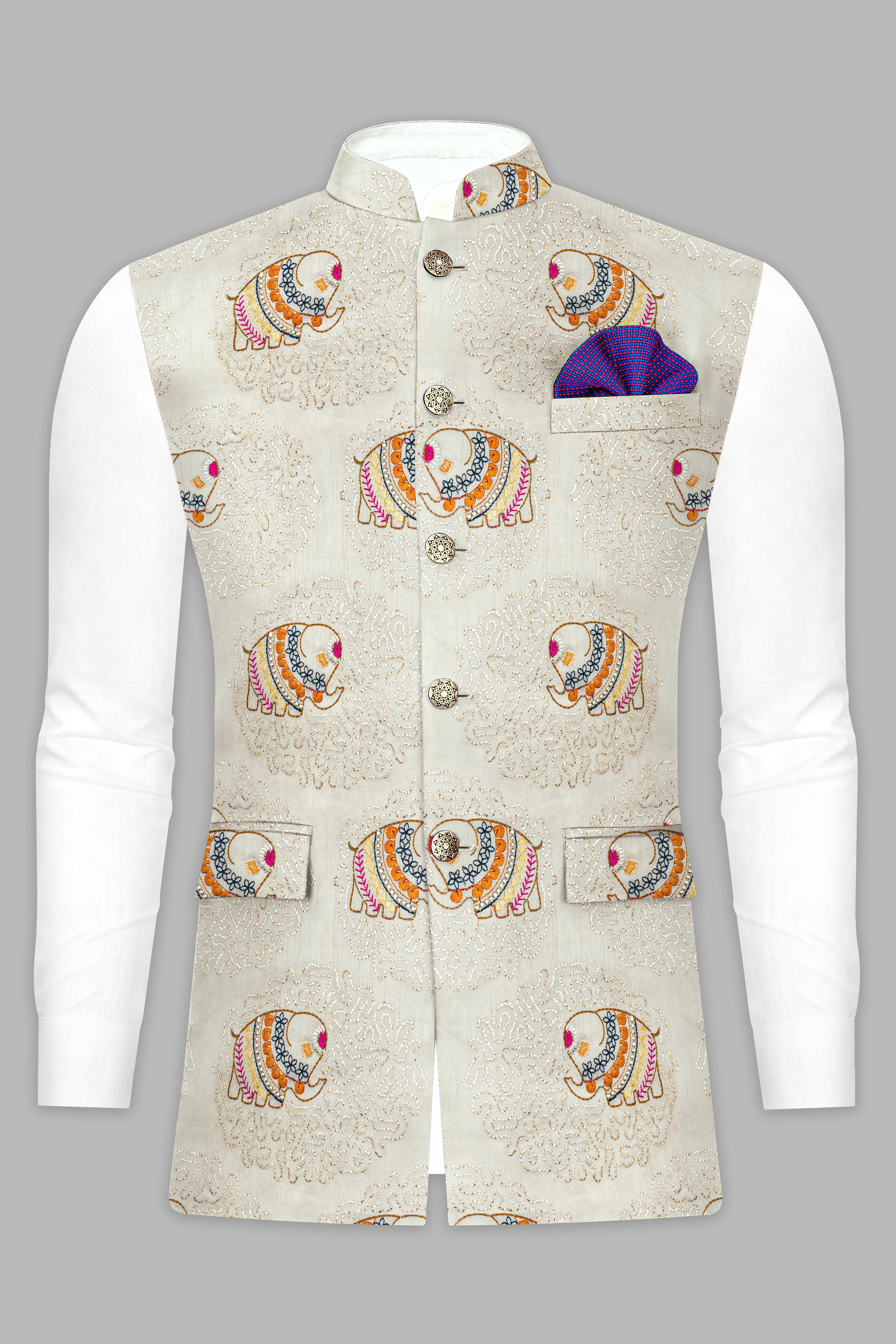 Soft Amber Cream Designer Elephant Embroidered Nehru Jacket