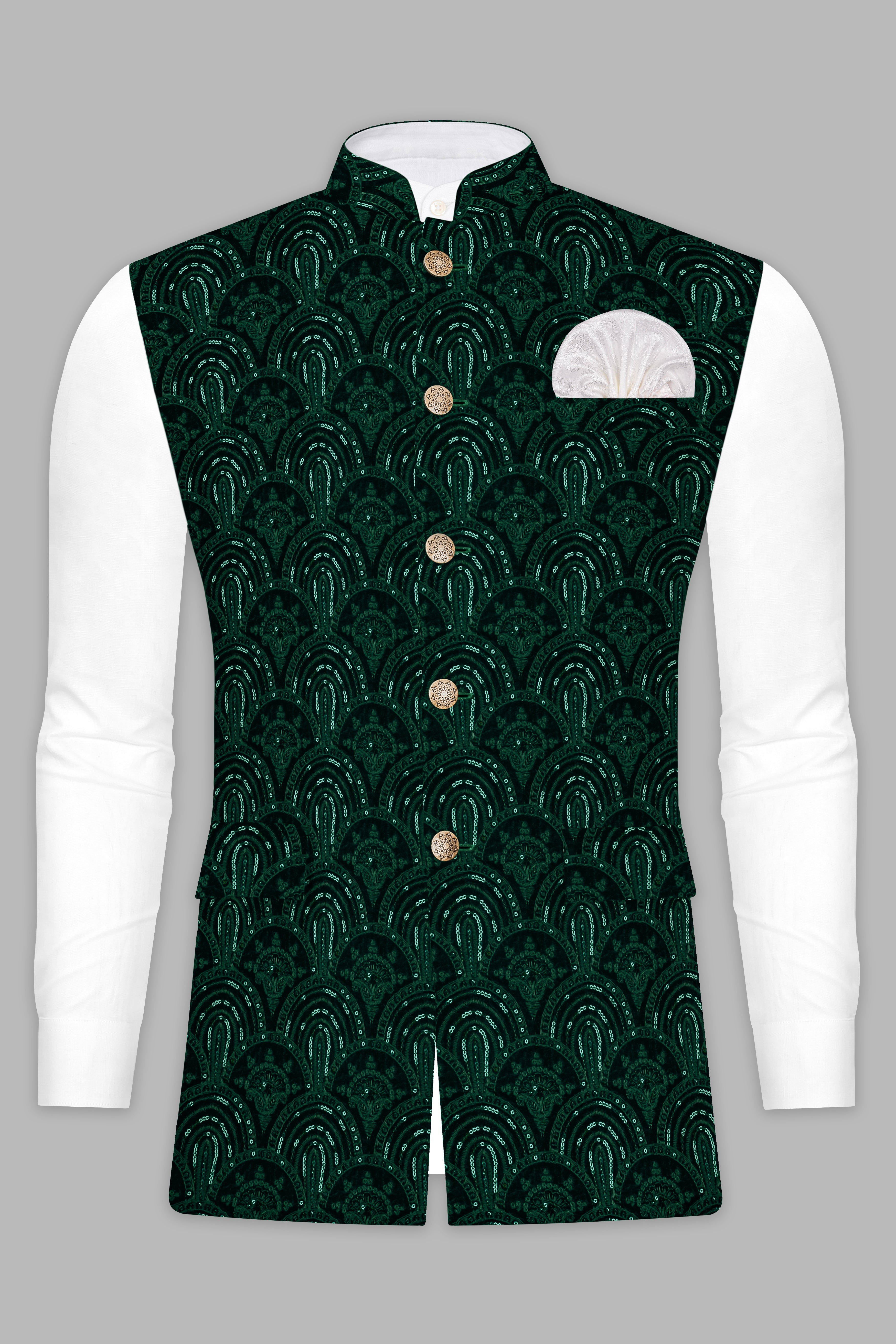 Holly Green Velvet Sequins And Thread Embroidered Nehru Jacket