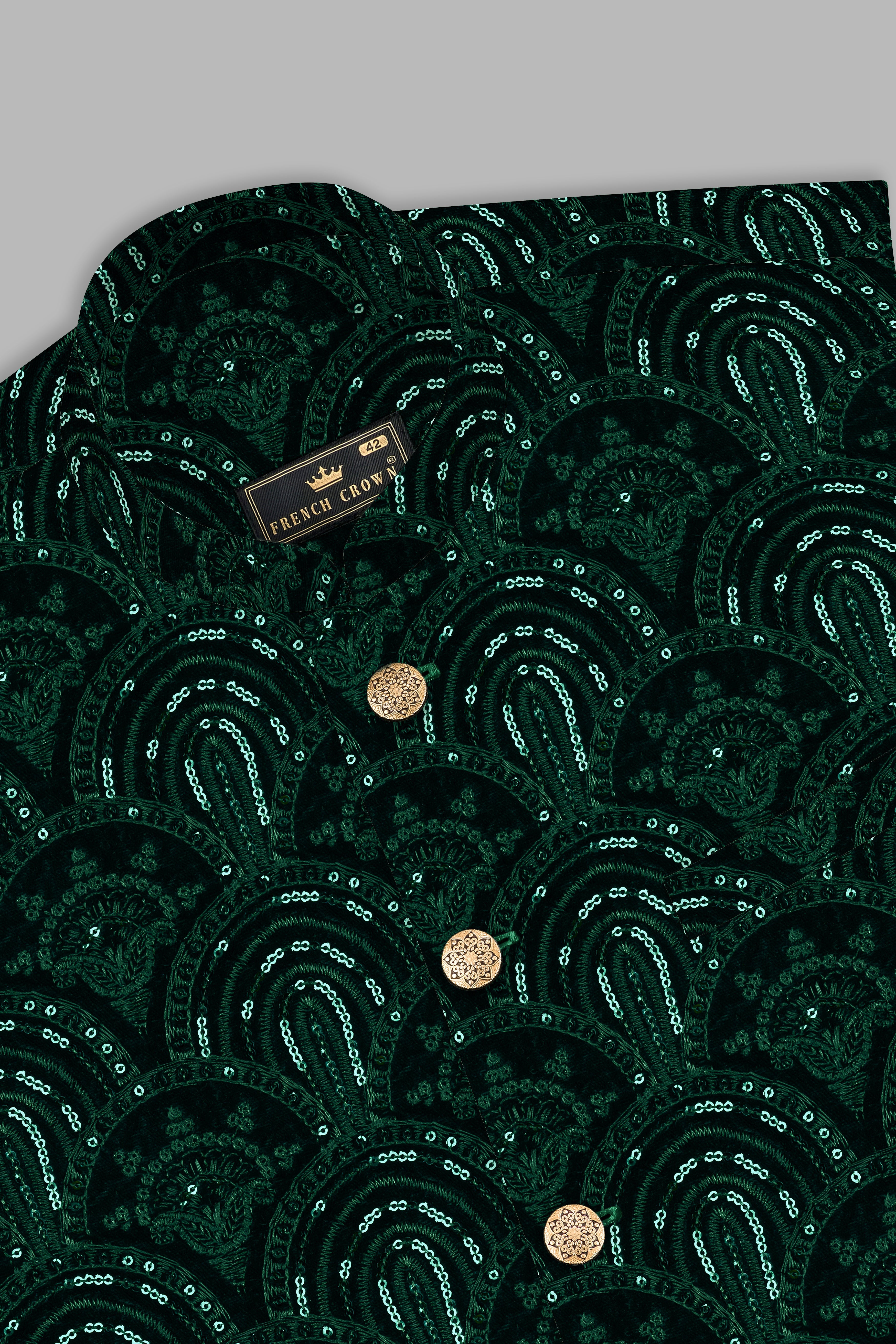Holly Green Velvet Sequins And Thread Embroidered Nehru Jacket