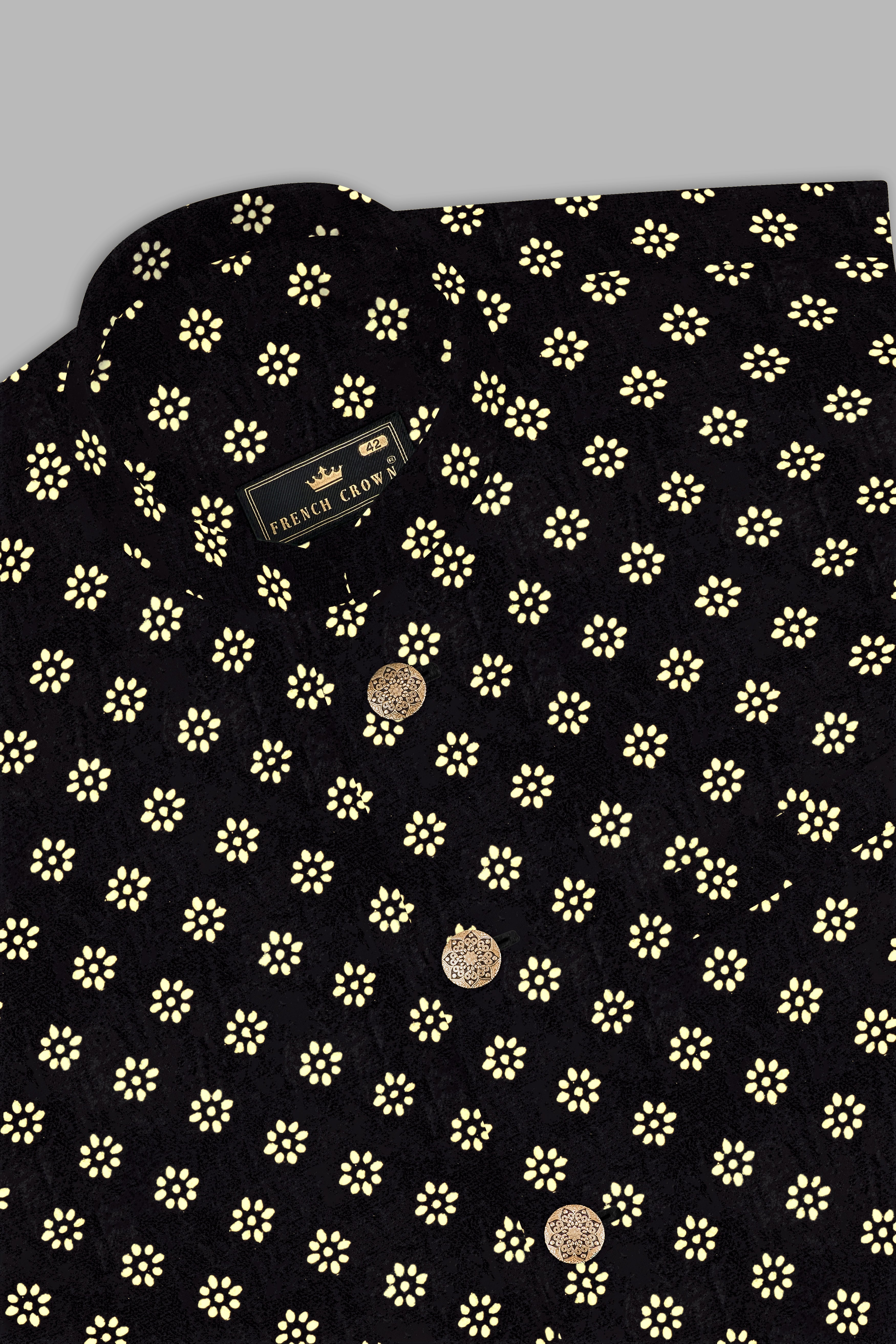 Jade Black Velvet Golden Flower Printed Designer Nehru Jacket