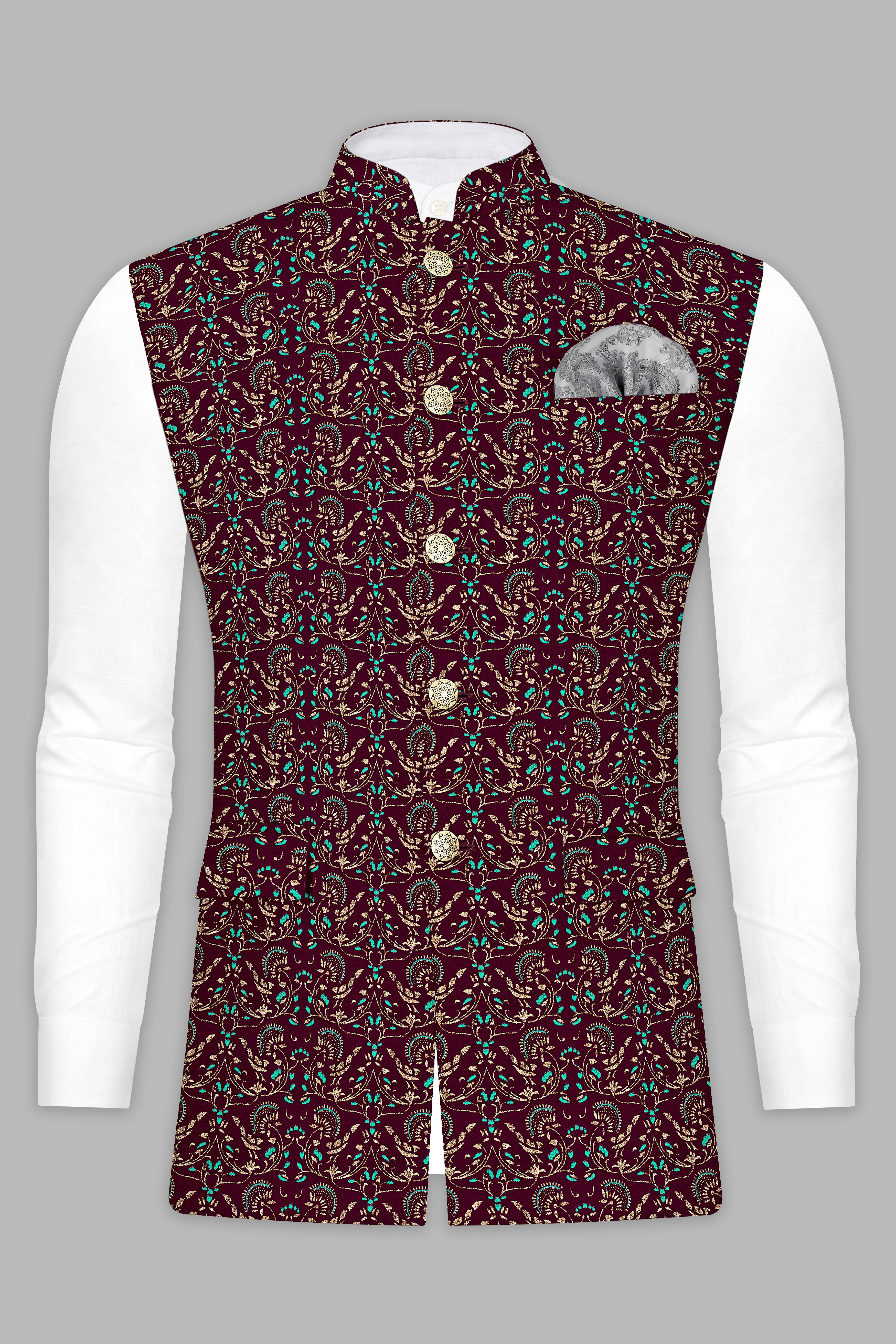 Ecilpse Maroon And Fountain Blue Velvet Printed Designer Nehru Jacket
