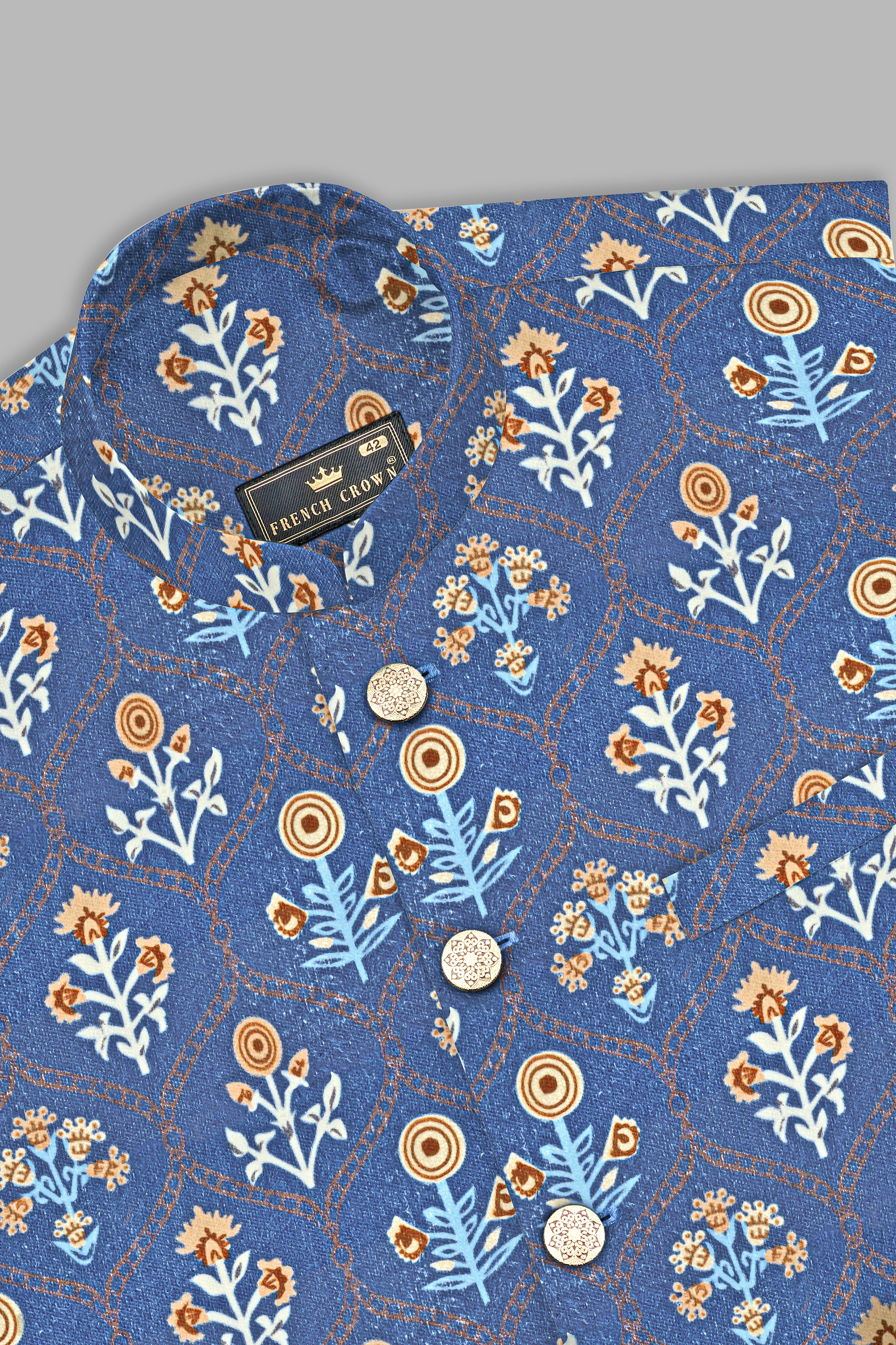 Tealish Blue And Peach Velvet Designer Printed Nehru Jacket