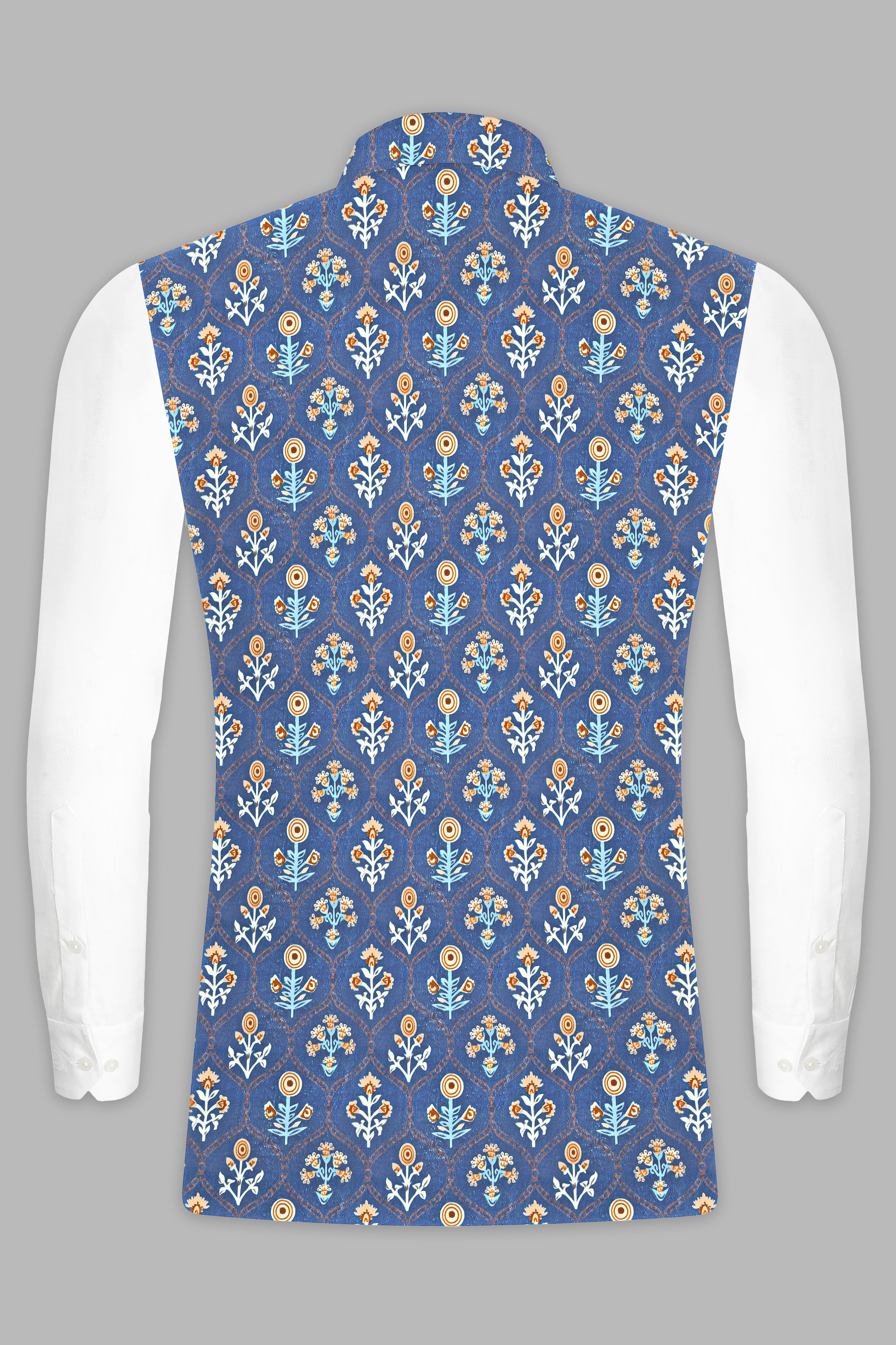 Tealish Blue And Peach Velvet Designer Printed Nehru Jacket
