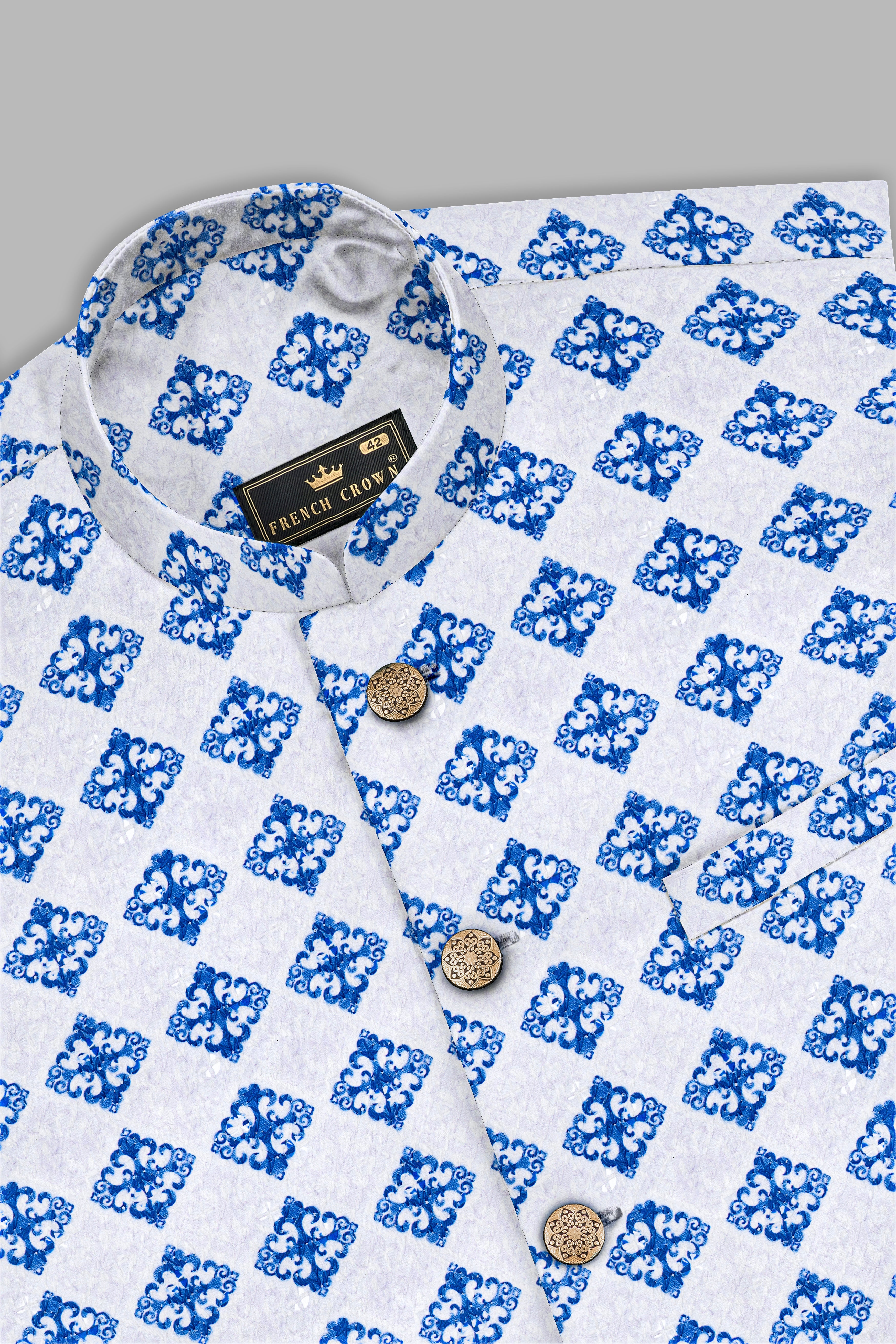 Bluish Blue And Bright White Trellis Designer Embroidered Nehru Jacket