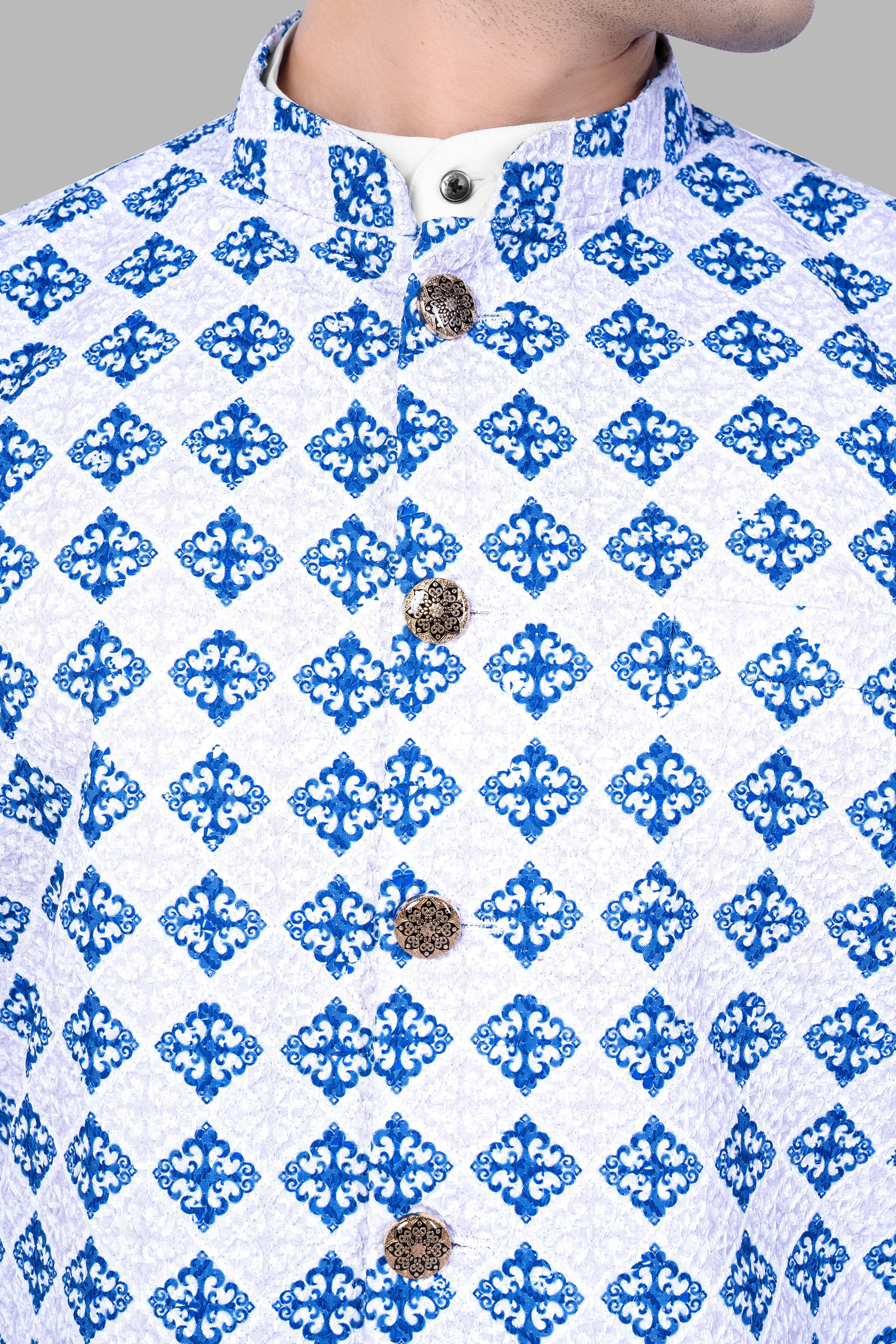 Bluish Blue And Bright White Trellis Designer Embroidered Nehru Jacket