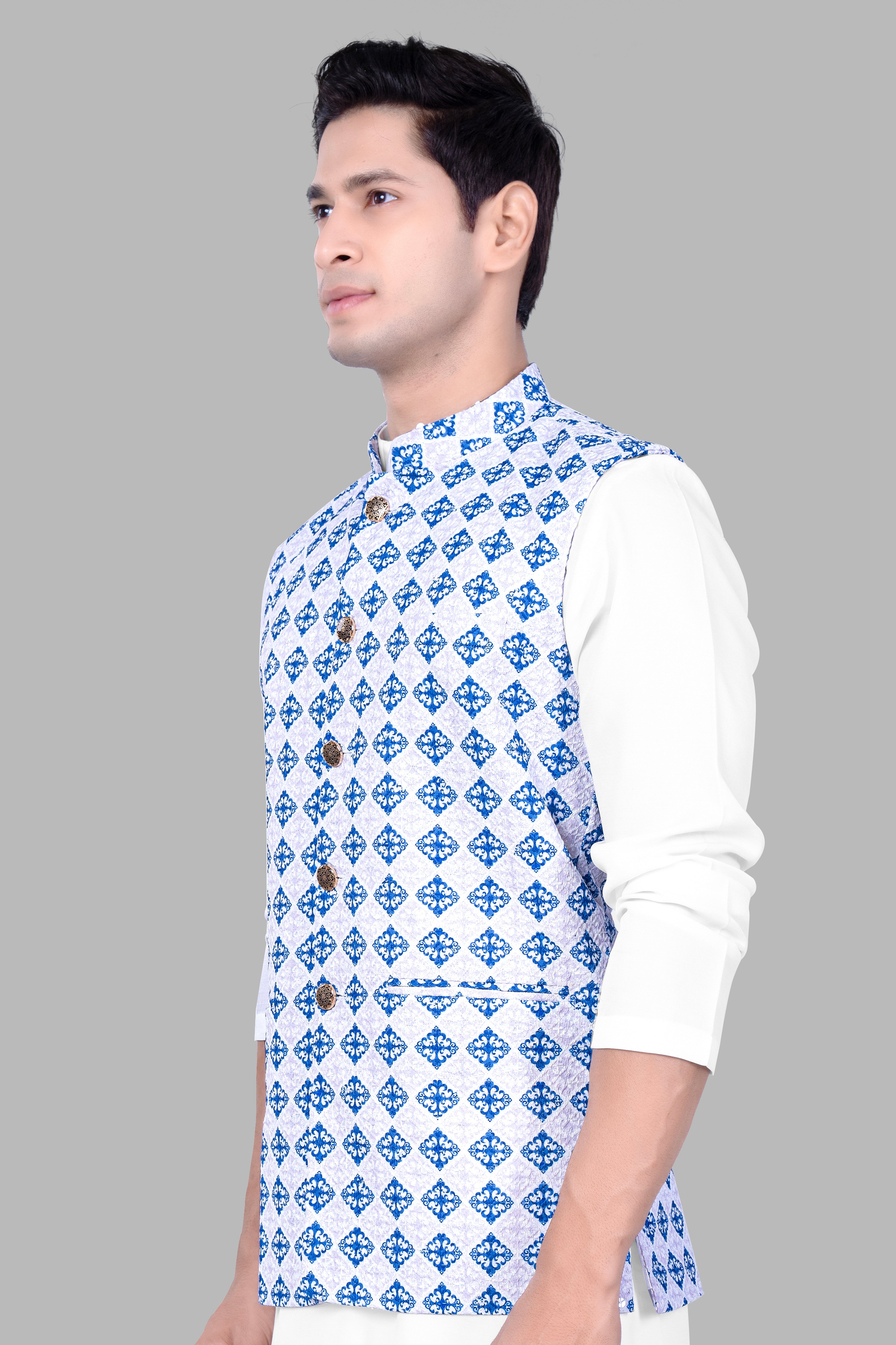 Bluish Blue And Bright White Trellis Designer Embroidered Nehru Jacket