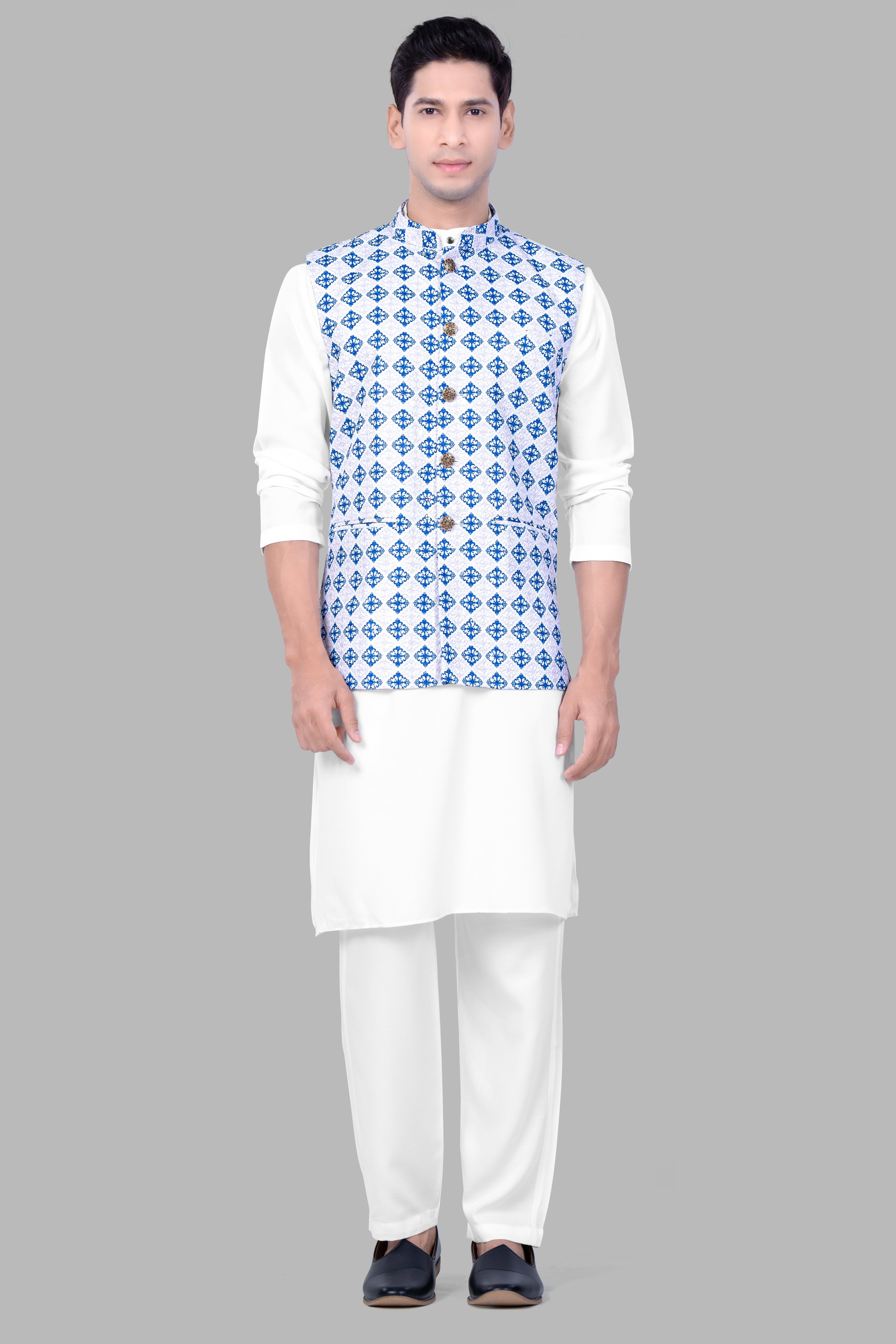 Bluish Blue And Bright White Trellis Designer Embroidered Nehru Jacket