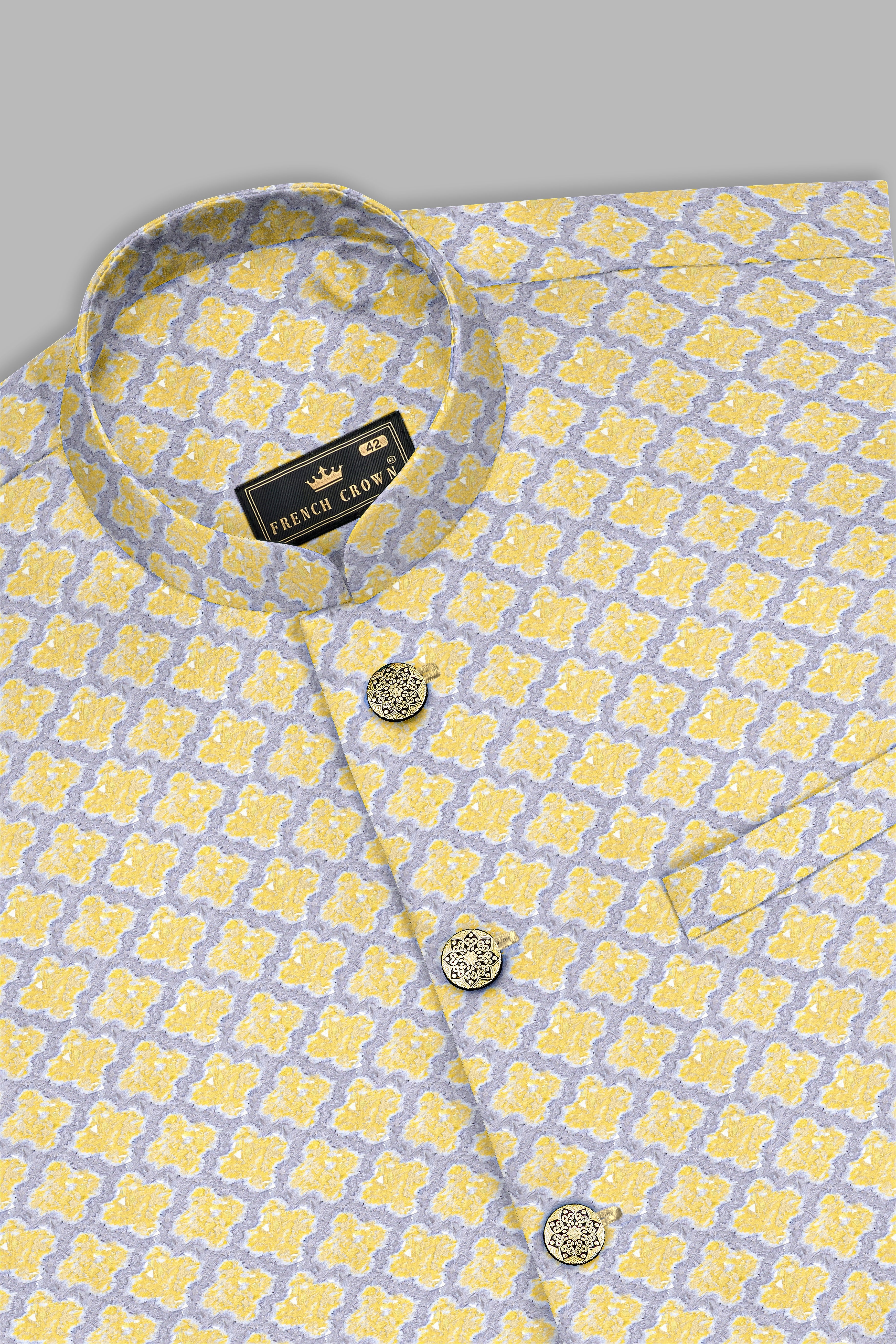 Marzipan Yellow And Casper Gray Thread Embroidered Nehru Jacket