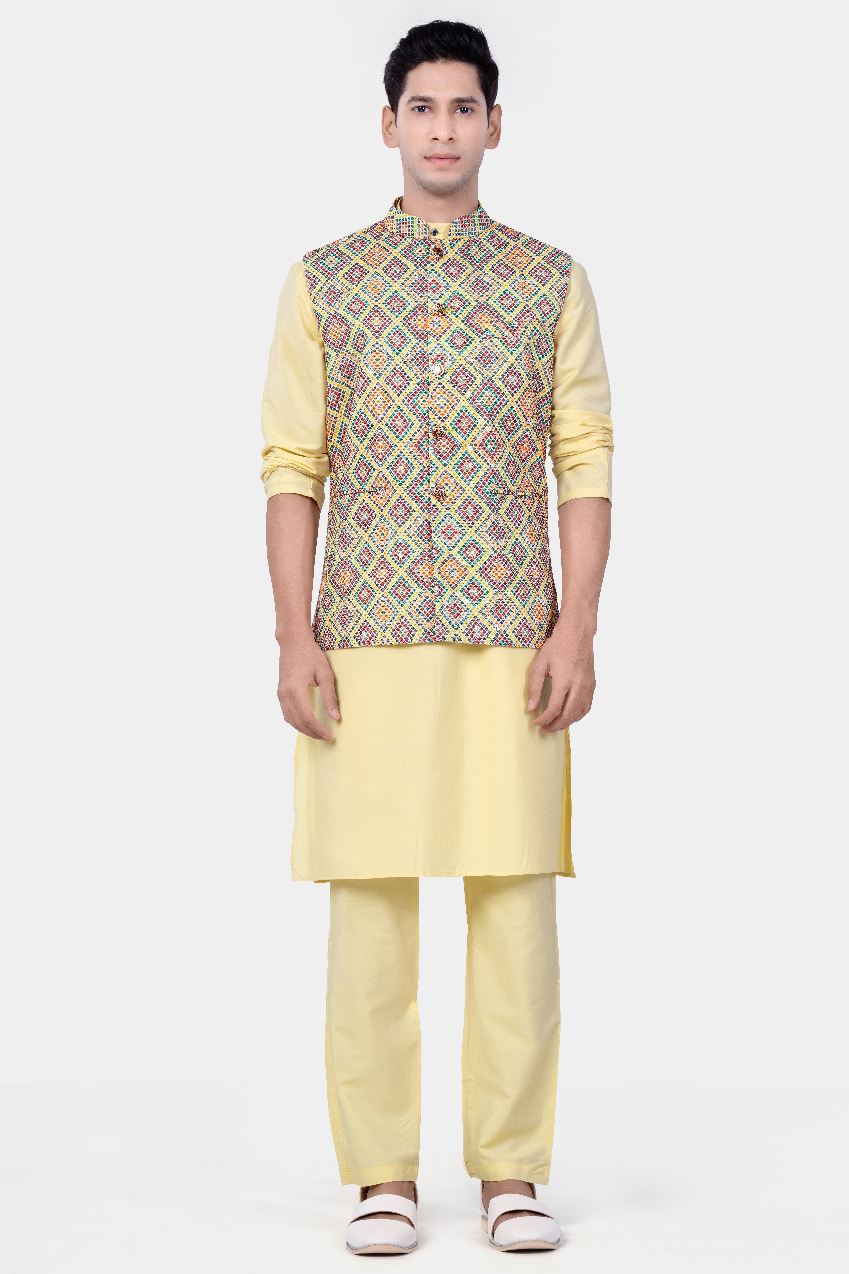 Jasmine yellow And Lochinvar Green Trellis Designer Embroidered Nehru Jacket
