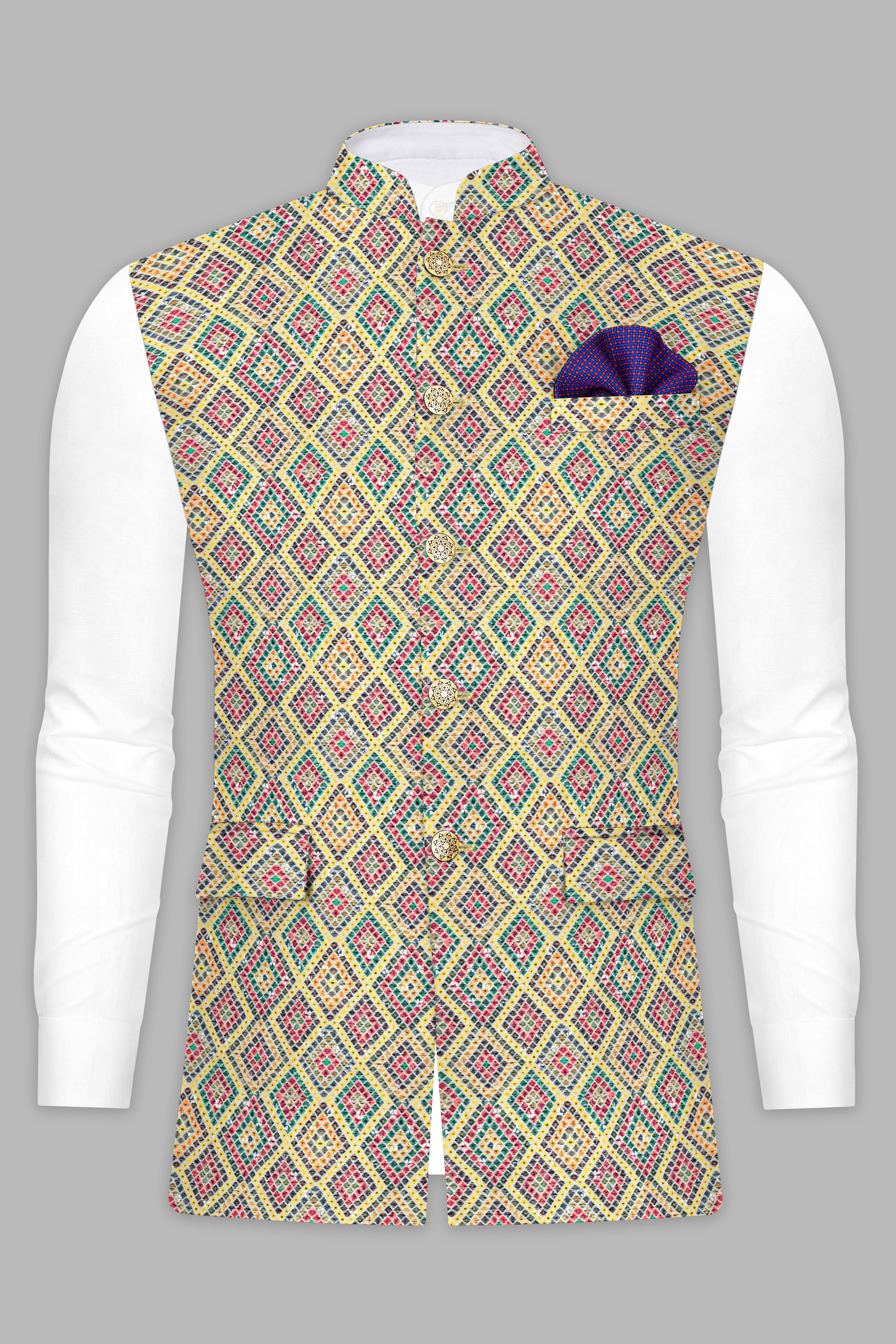 Jasmine yellow And Lochinvar Green Trellis Designer Embroidered Nehru Jacket