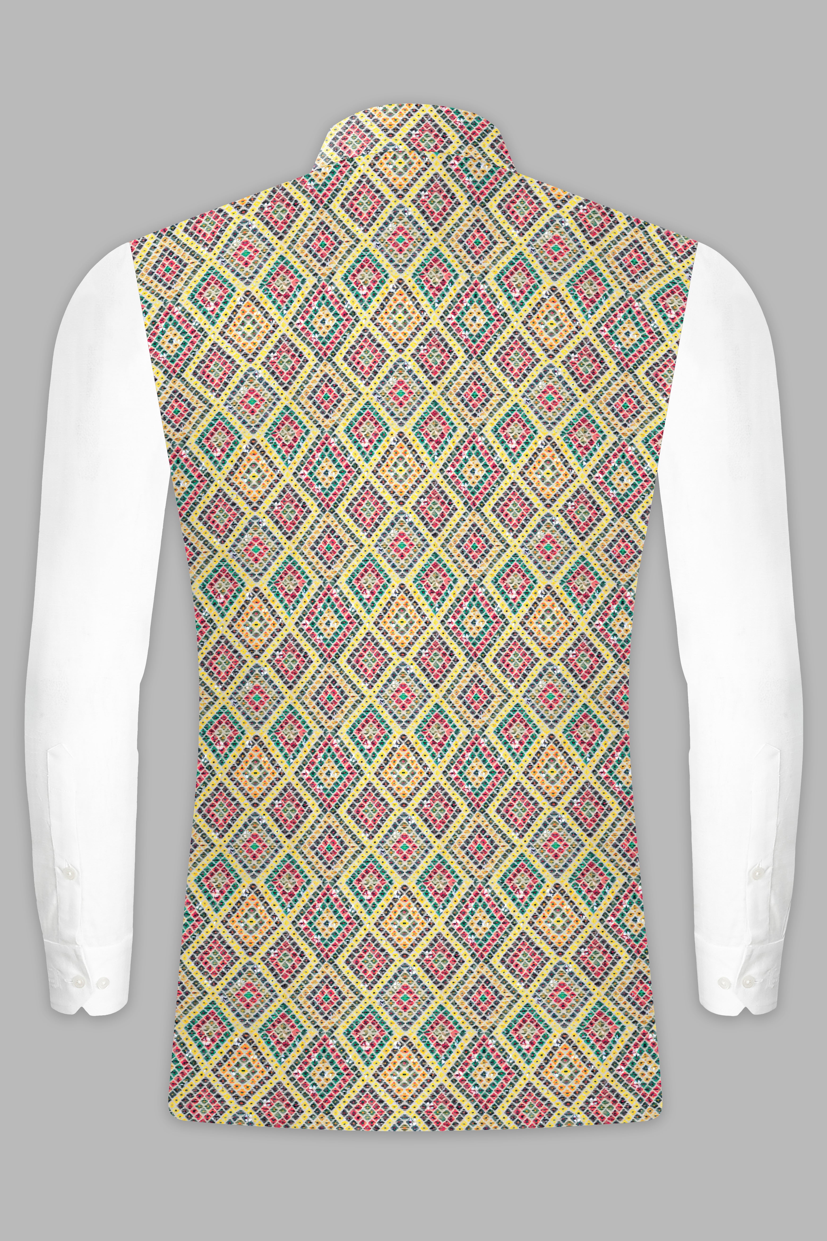 Jasmine yellow And Lochinvar Green Trellis Designer Embroidered Nehru Jacket