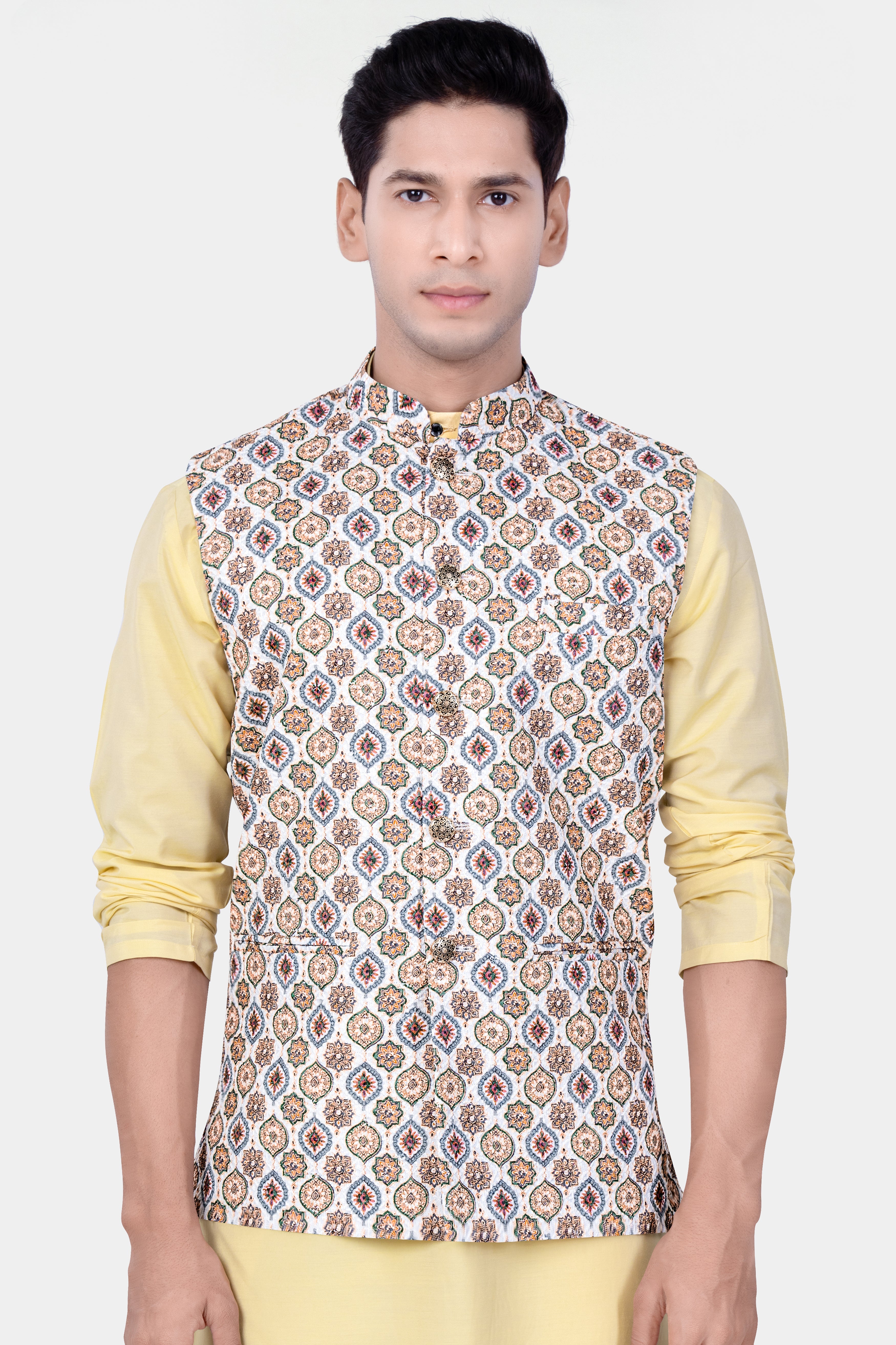 Bright White And Spruce Green Designer Embroidered Nehru Jacket