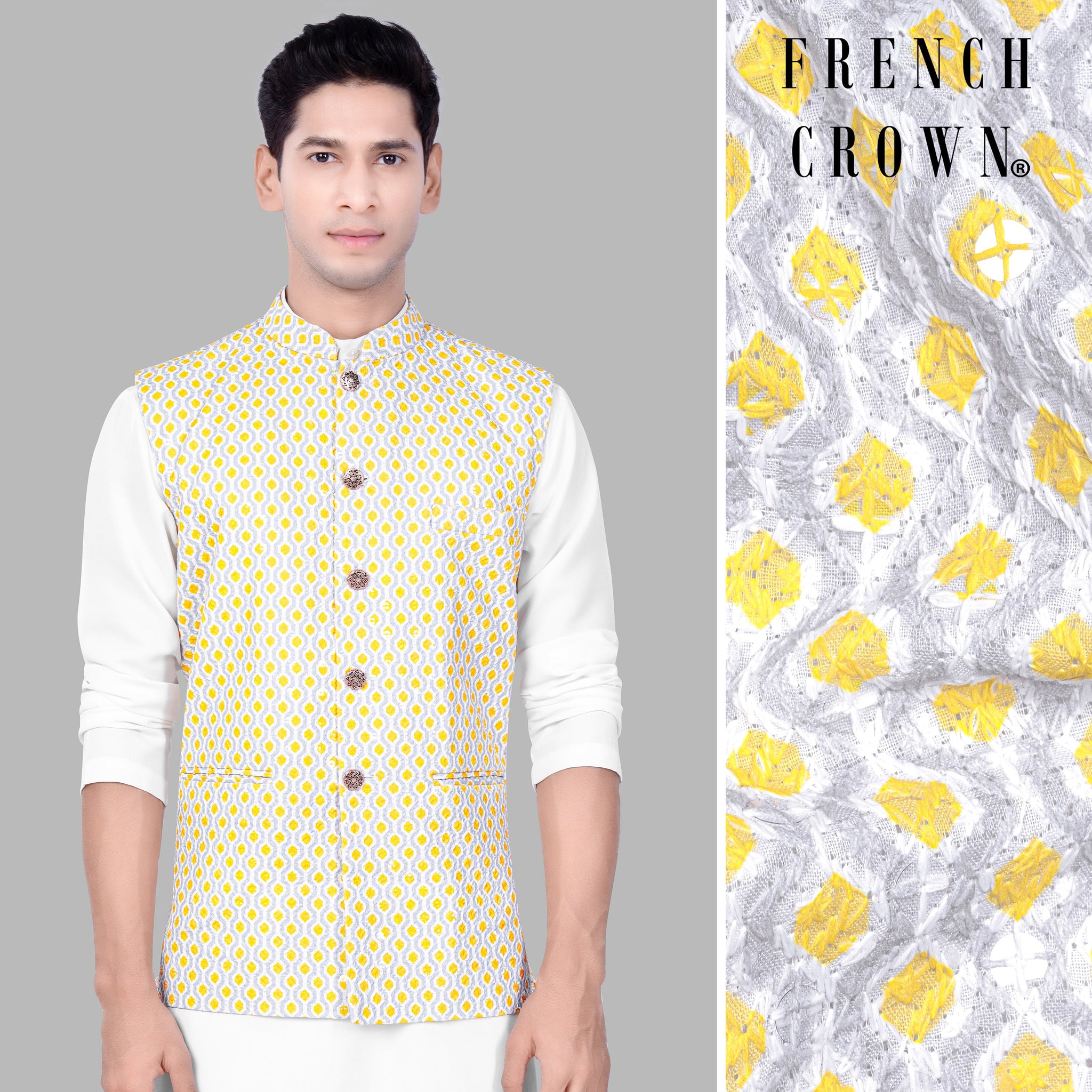 Men'S Yellow Mirror Work Embroidered Nehru Jacket