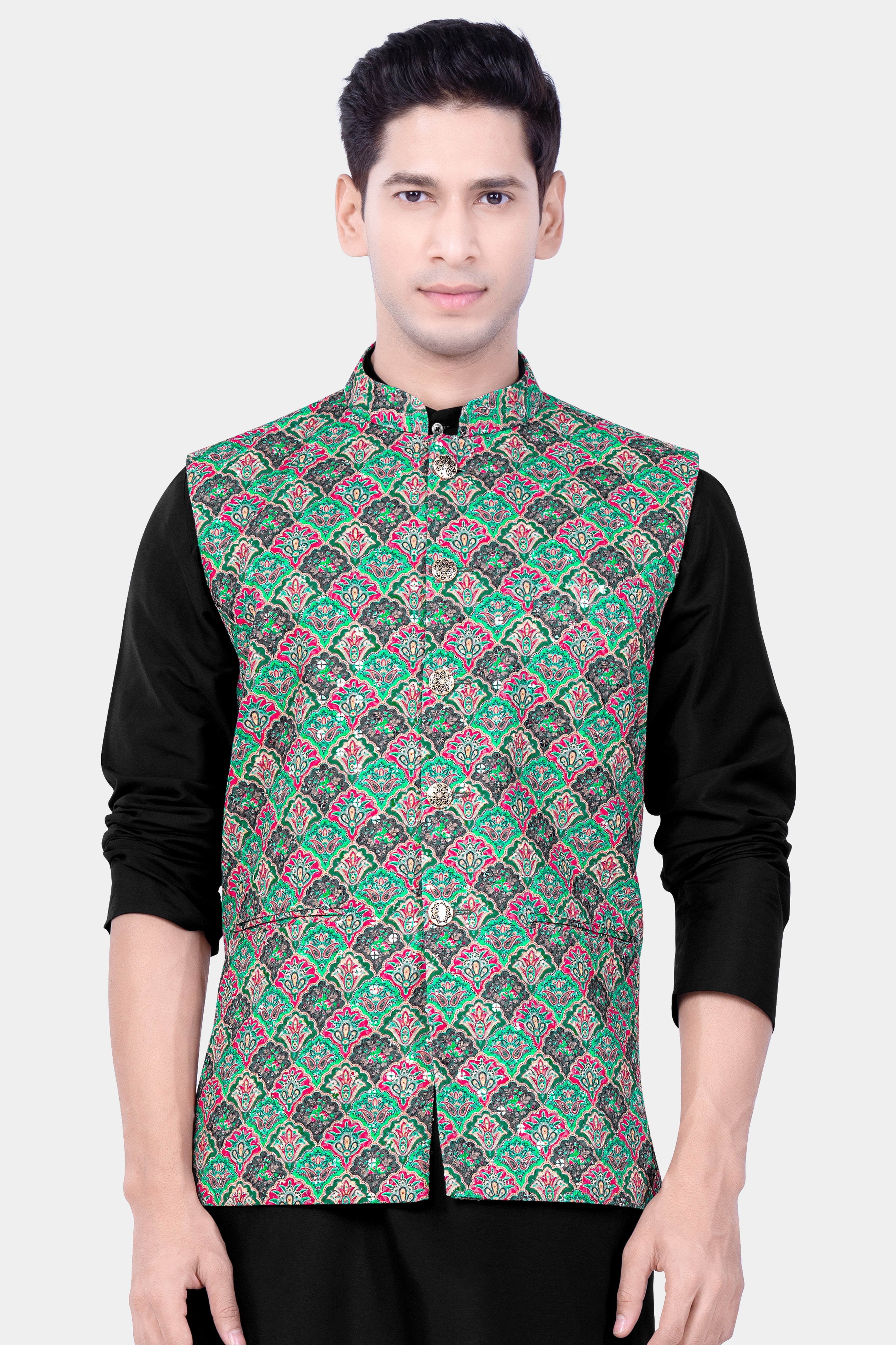 Turquoise Blue And Raspberry Pink Designer Thread Embroidered Nehru Jacket