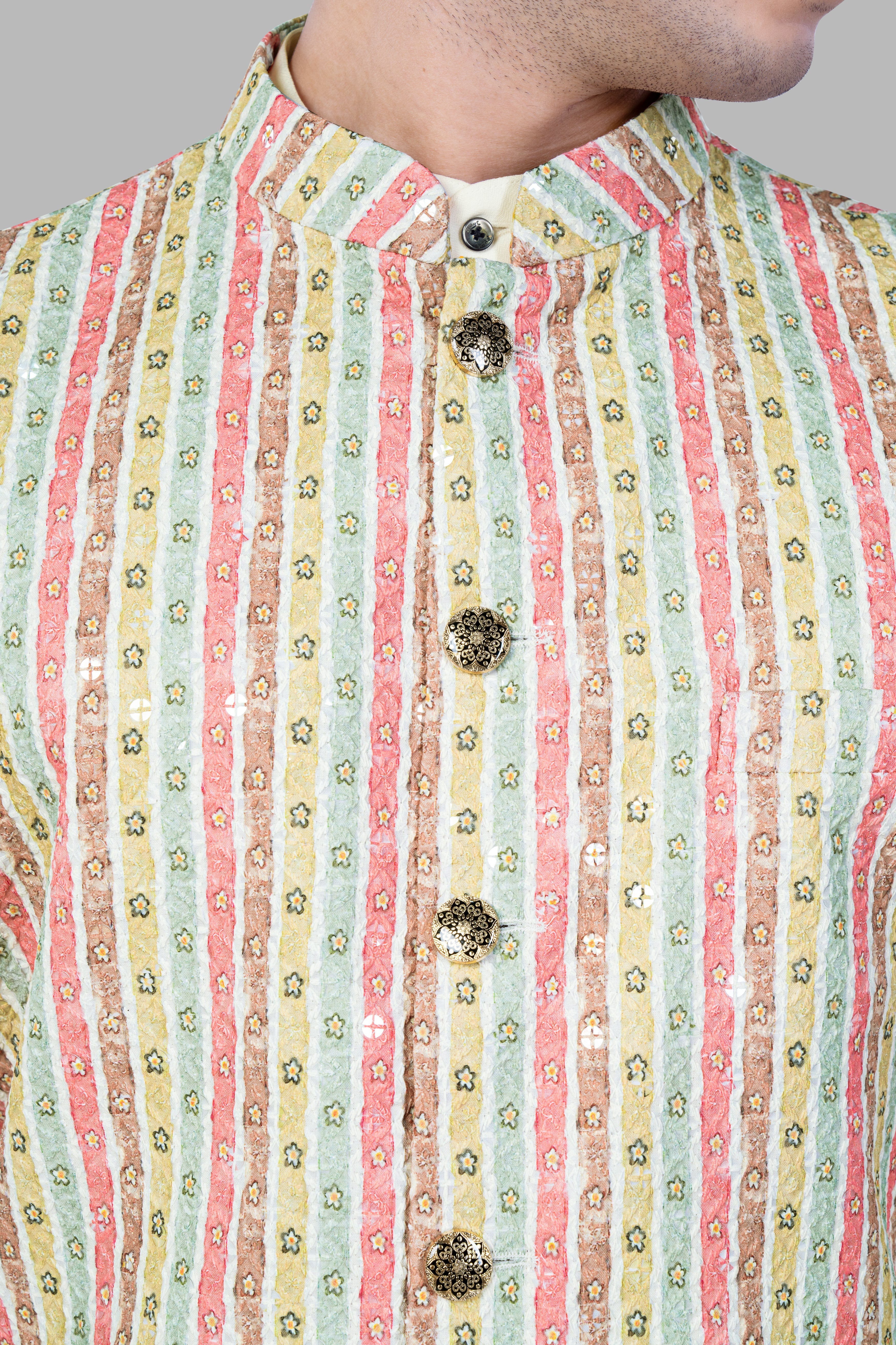 Froly Pink And Apple Blossom Brown MultiColour Designer Thread Embroidered Nehru Jacket