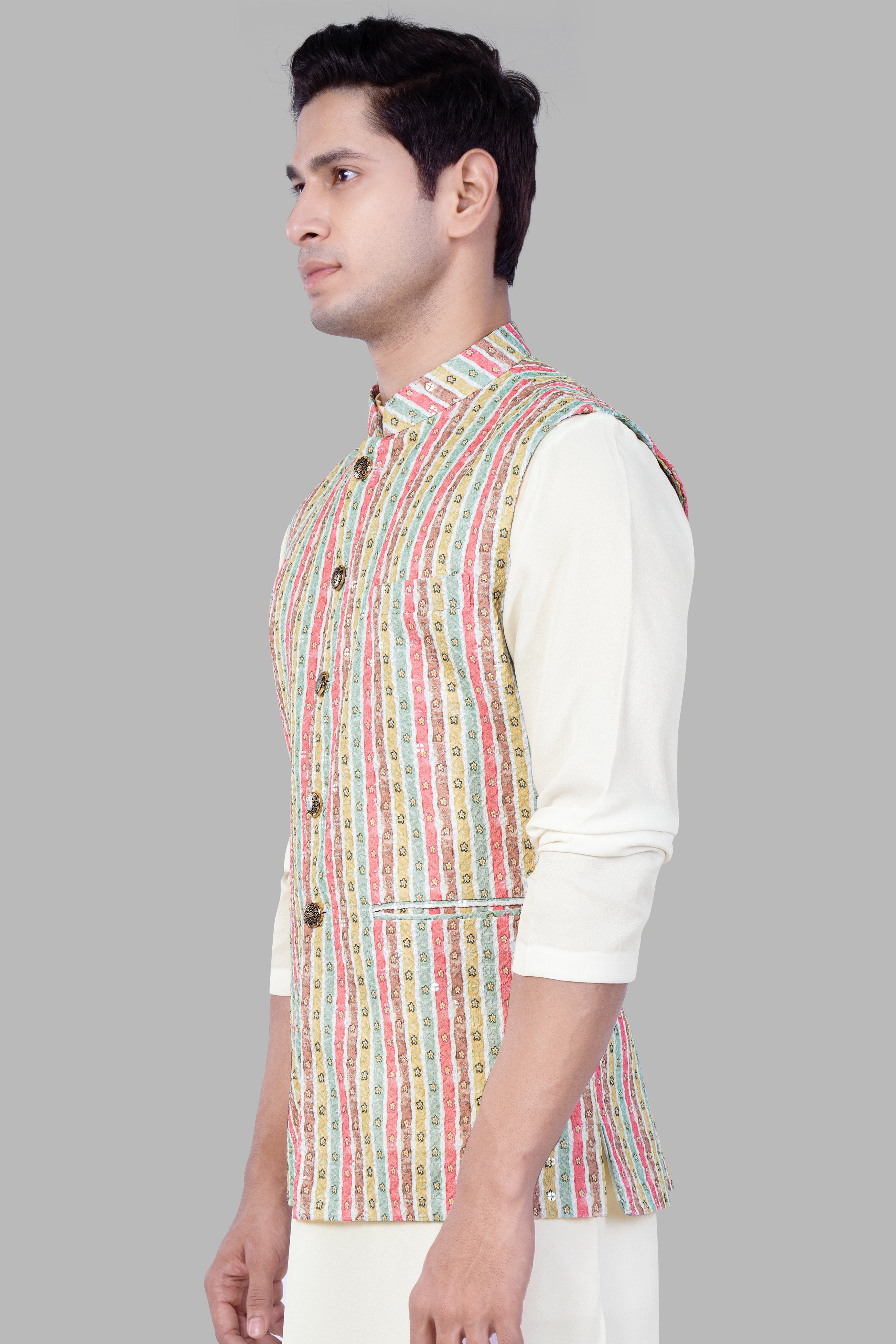 Froly Pink And Apple Blossom Brown MultiColour Designer Thread Embroidered Nehru Jacket