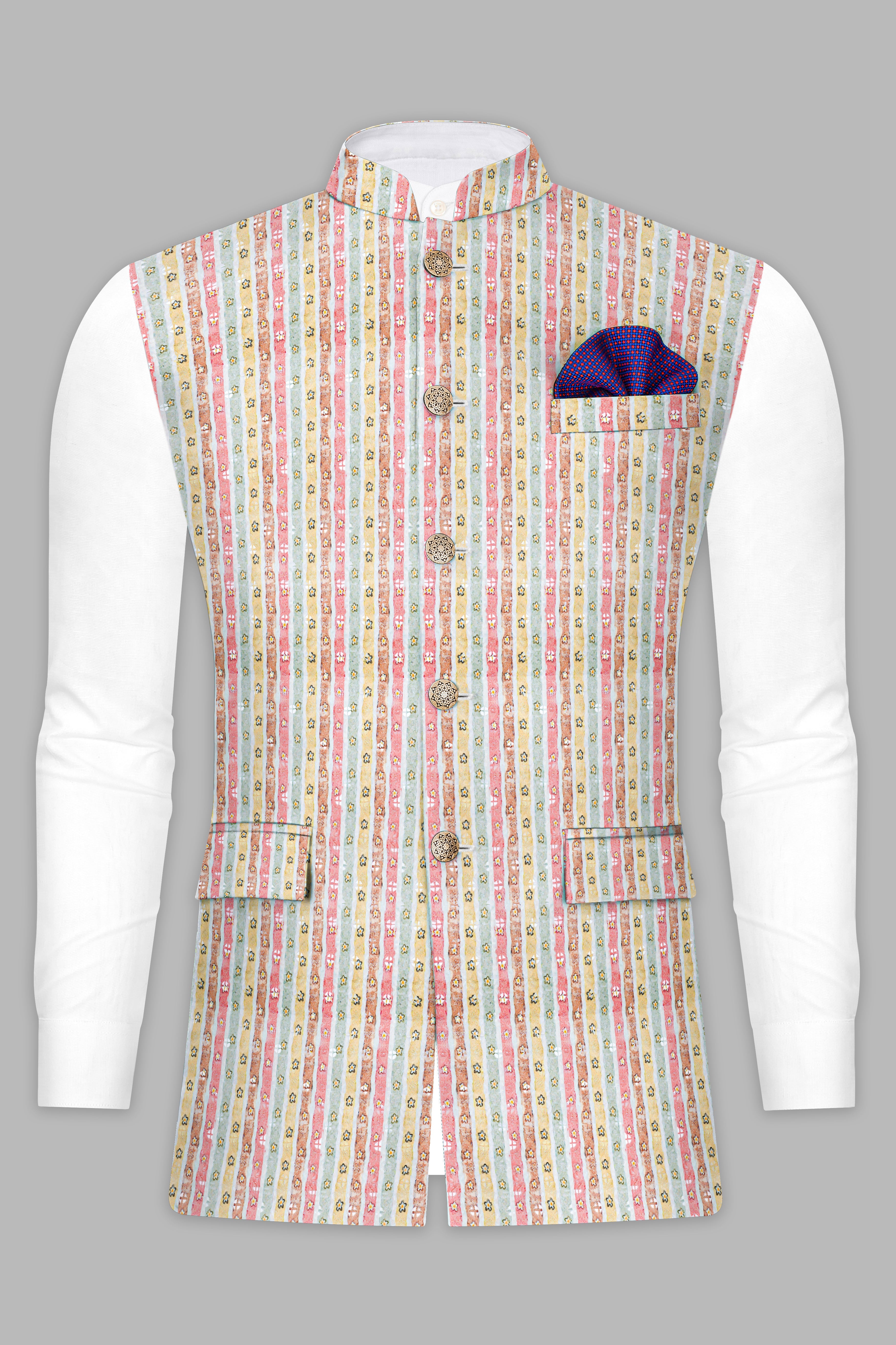 Froly Pink And Apple Blossom Brown MultiColour Designer Thread Embroidered Nehru Jacket