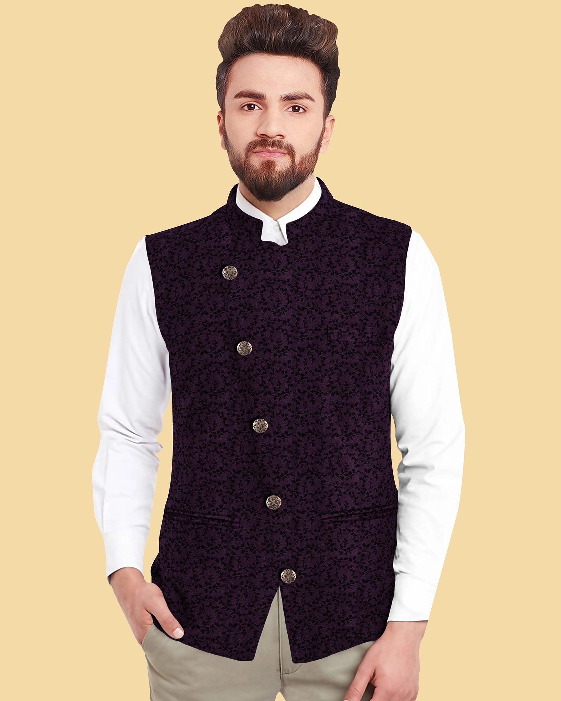 Burgundy Climber-Patterned Jacquard Premium Designer Nehru Jacket