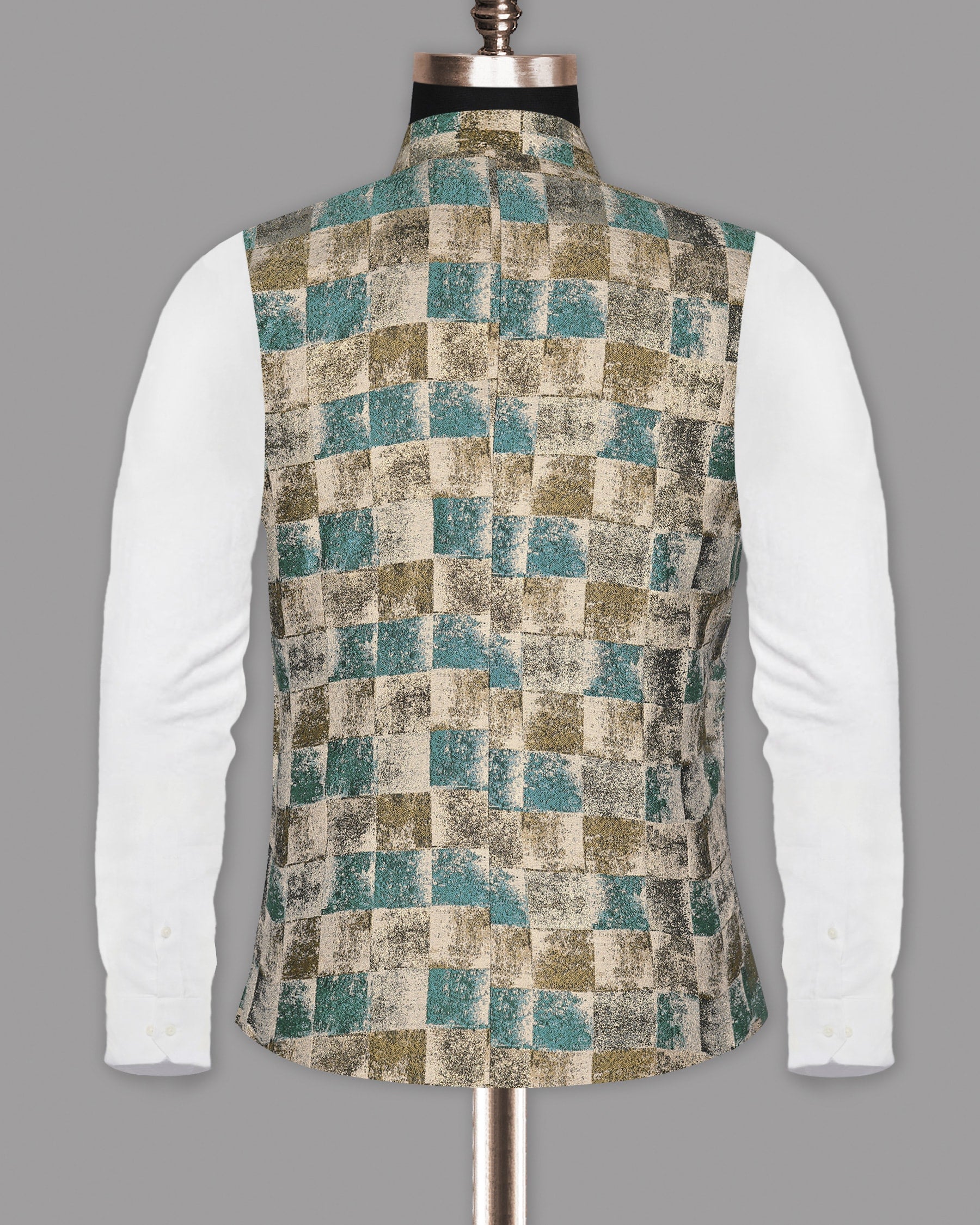 Cream with Golden and Aqua Fading Box Jacquard Textured Designer Nehru jacket