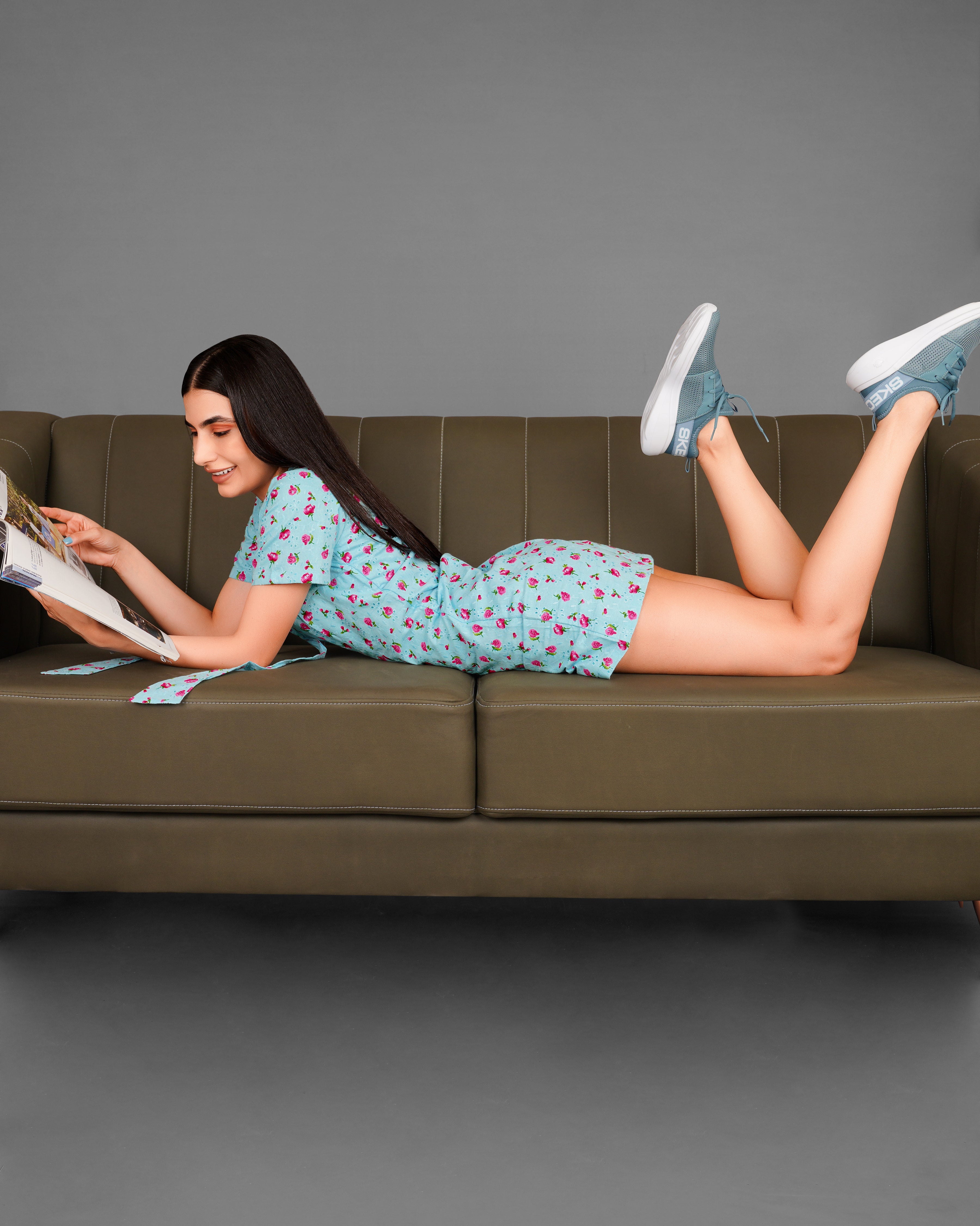 Cerulean Blue Rose Printed Premium Cotton Jumpsuit WD006-32, WD006-34, WD006-36, WD006-38, WD006-40, WD006-42