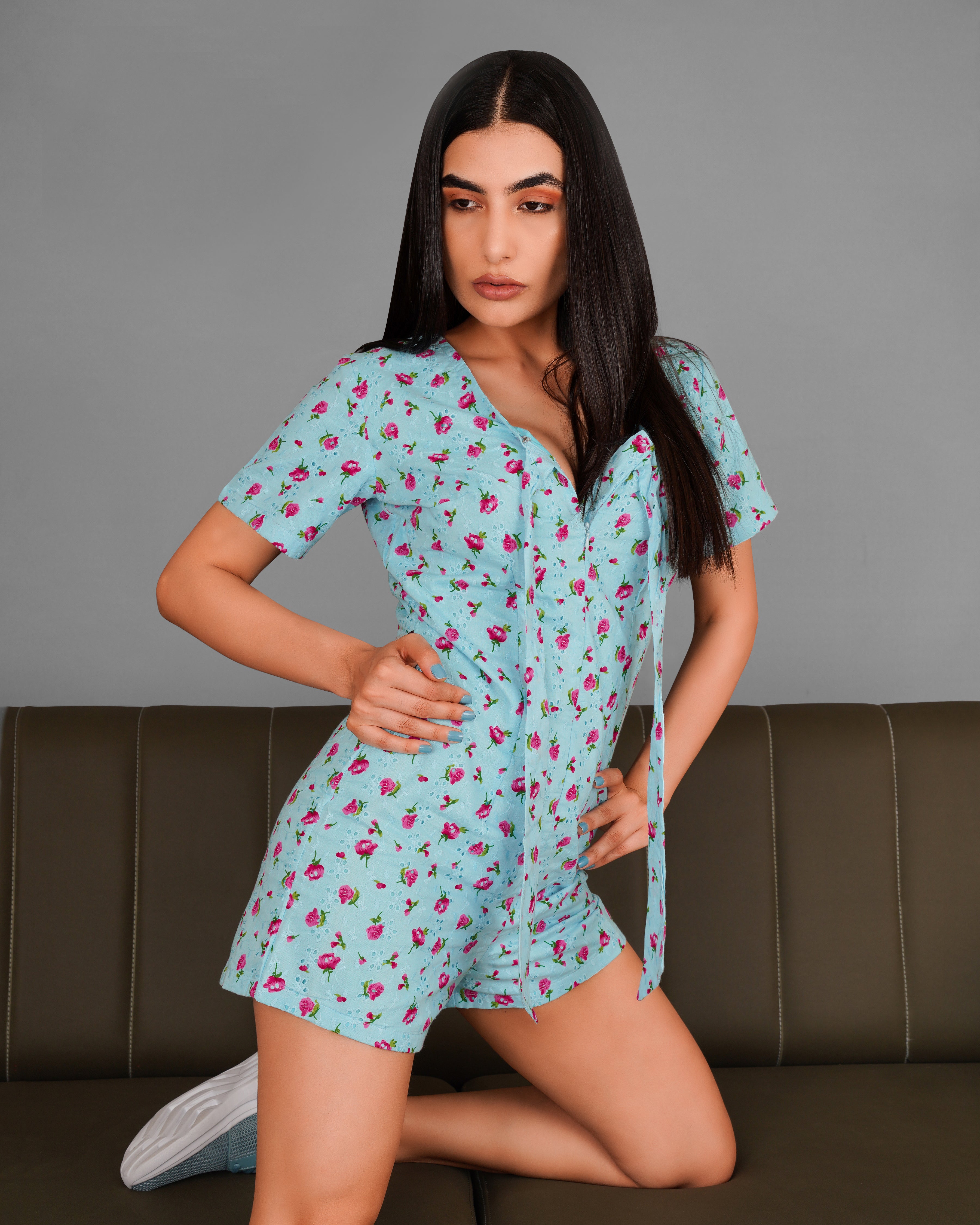 Cerulean Blue Rose Printed Premium Cotton Jumpsuit WD006-32, WD006-34, WD006-36, WD006-38, WD006-40, WD006-42