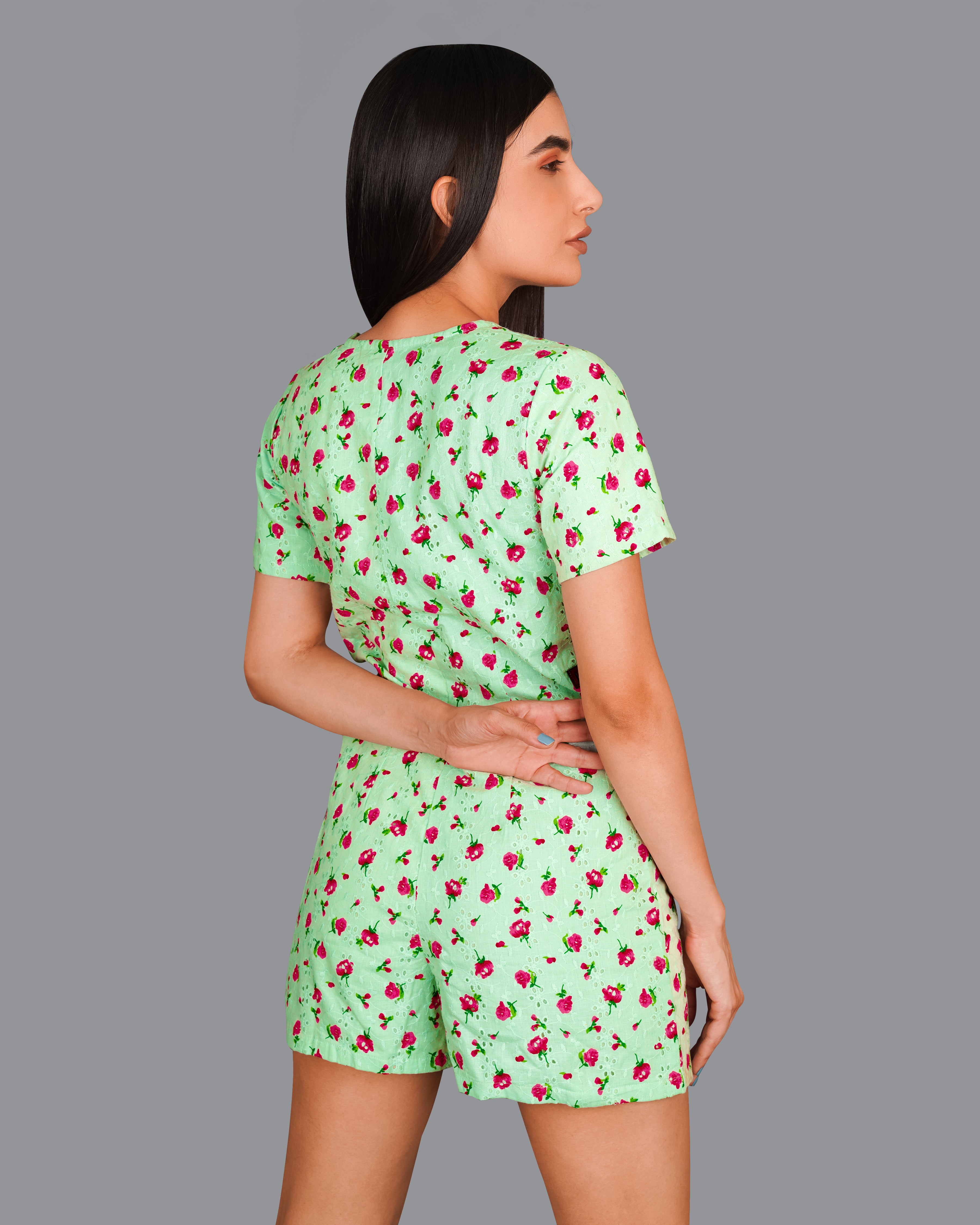 Celadon Green Rose Printed Premium Cotton Jumpsuit WD008-32, WD008-34, WD008-36, WD008-38, WD008-40, WD008-42