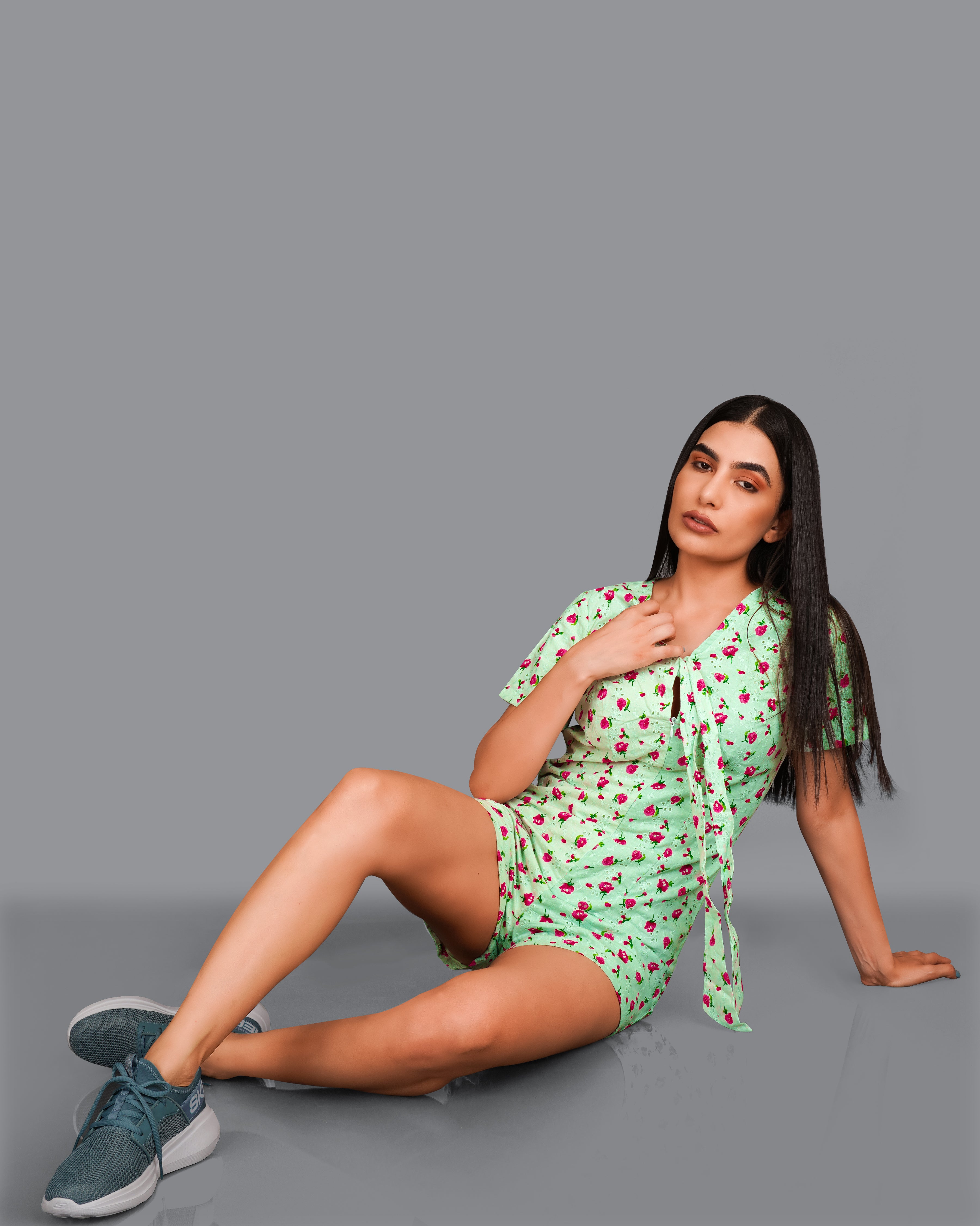 Celadon Green Rose Printed Premium Cotton Jumpsuit WD008-32, WD008-34, WD008-36, WD008-38, WD008-40, WD008-42