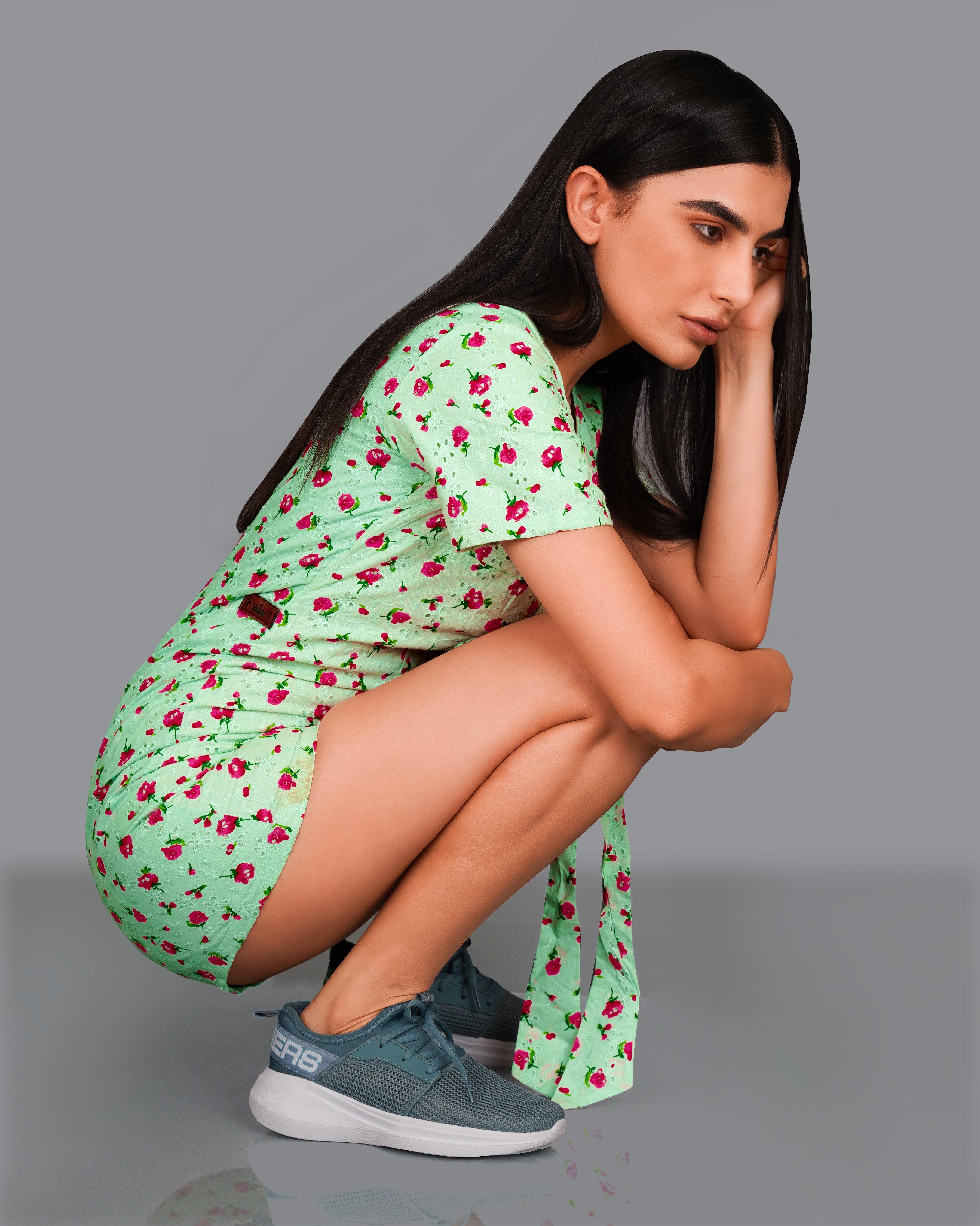 Celadon Green Rose Printed Premium Cotton Jumpsuit WD008-32, WD008-34, WD008-36, WD008-38, WD008-40, WD008-42