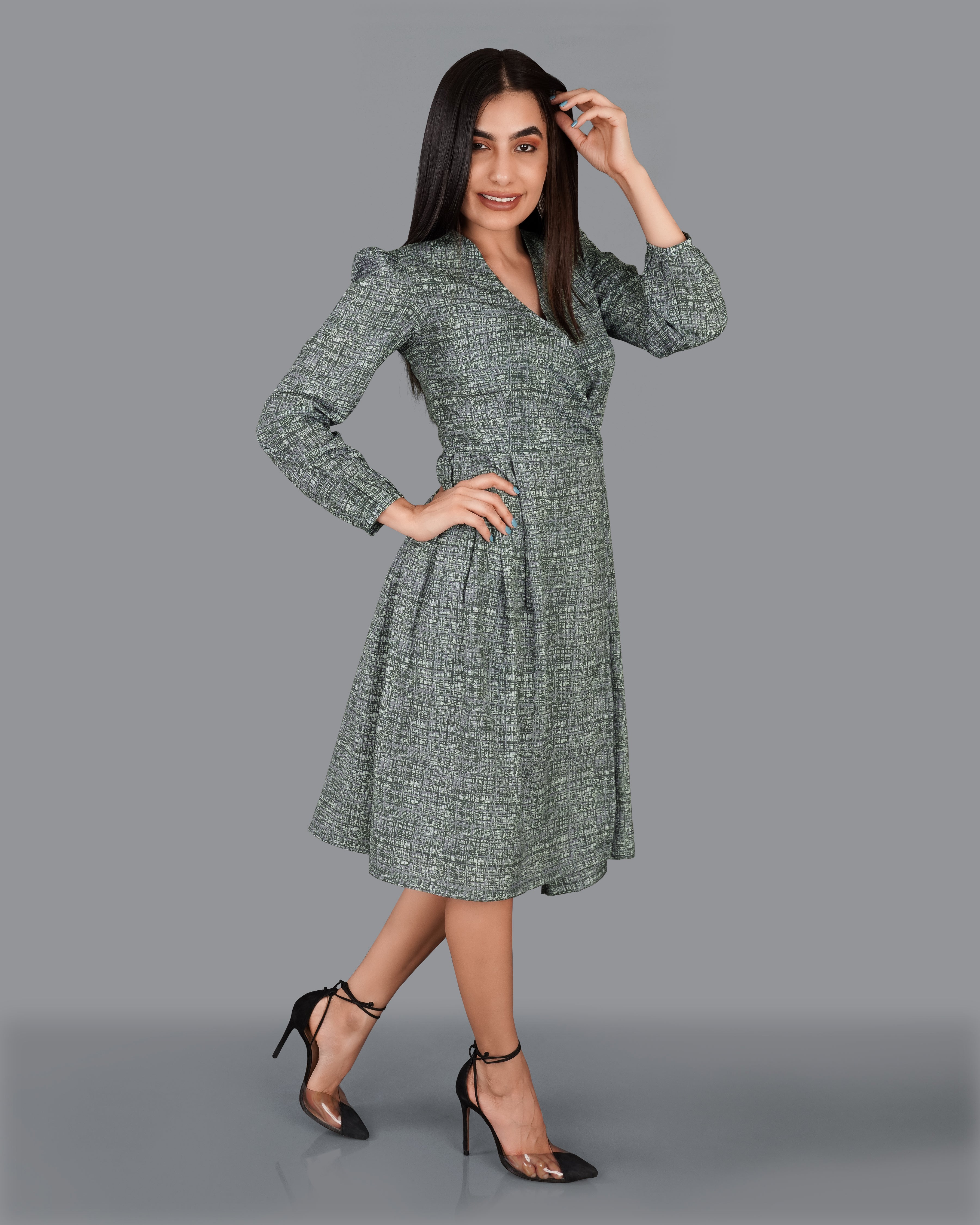 Gravel with Pumice Green Flared Dress WD031-32, WD031-34, WD031-36, WD031-38, WD031-40, WD031-42