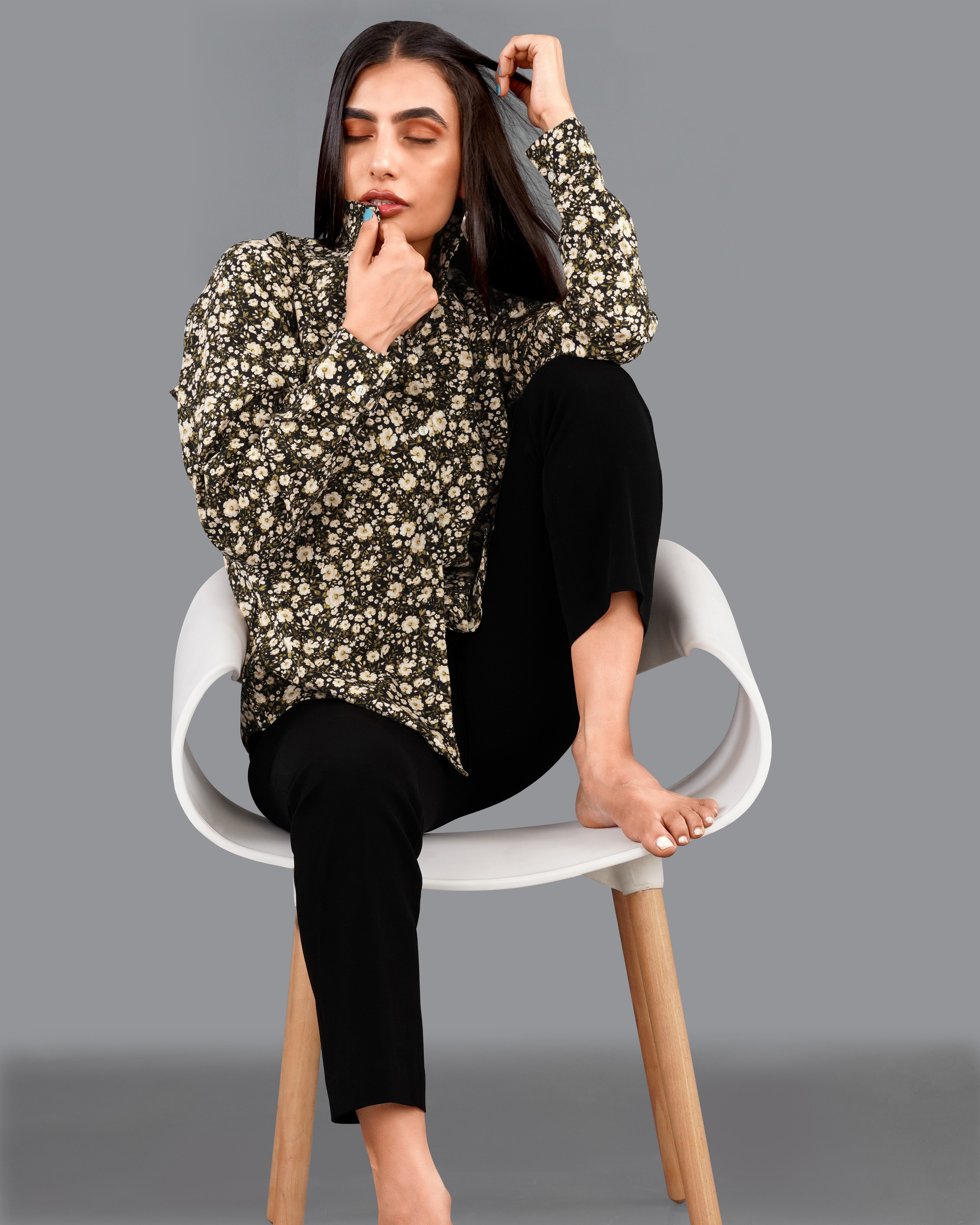 Jade Black with Timberwolf Cream Ditsy Printed Premium Cotton Shirt WS002-32, WS002-34, WS002-36, WS002-38, WS002-40, WS002-42