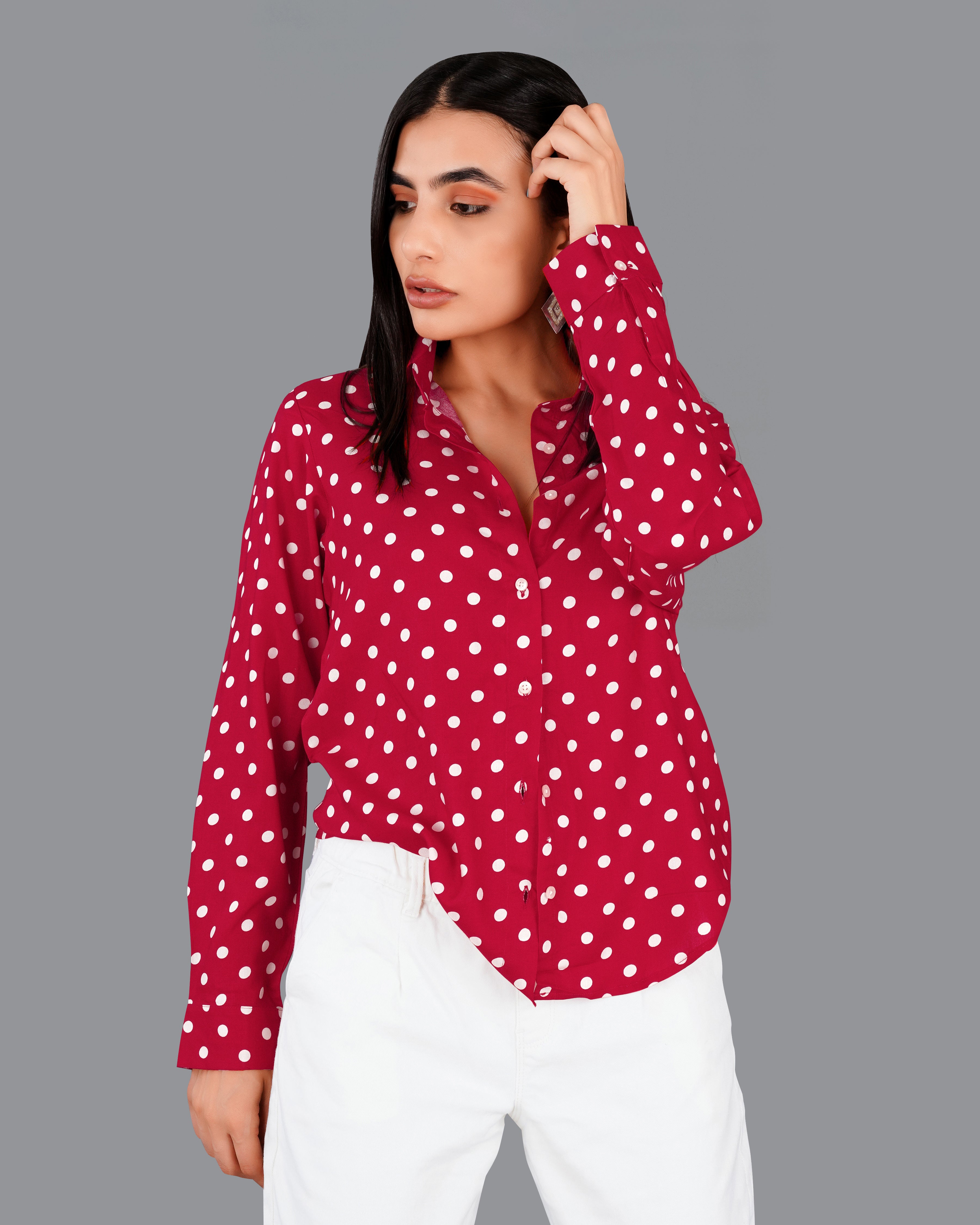 Shiraz Red Polka Dotted Premium Tencel Shirt WS016-32, WS016-34, WS016-36, WS016-38, WS016-40, WS016-42 WS016-32, WS016-34, WS016-36, WS016-38, WS016-40, WS016-42