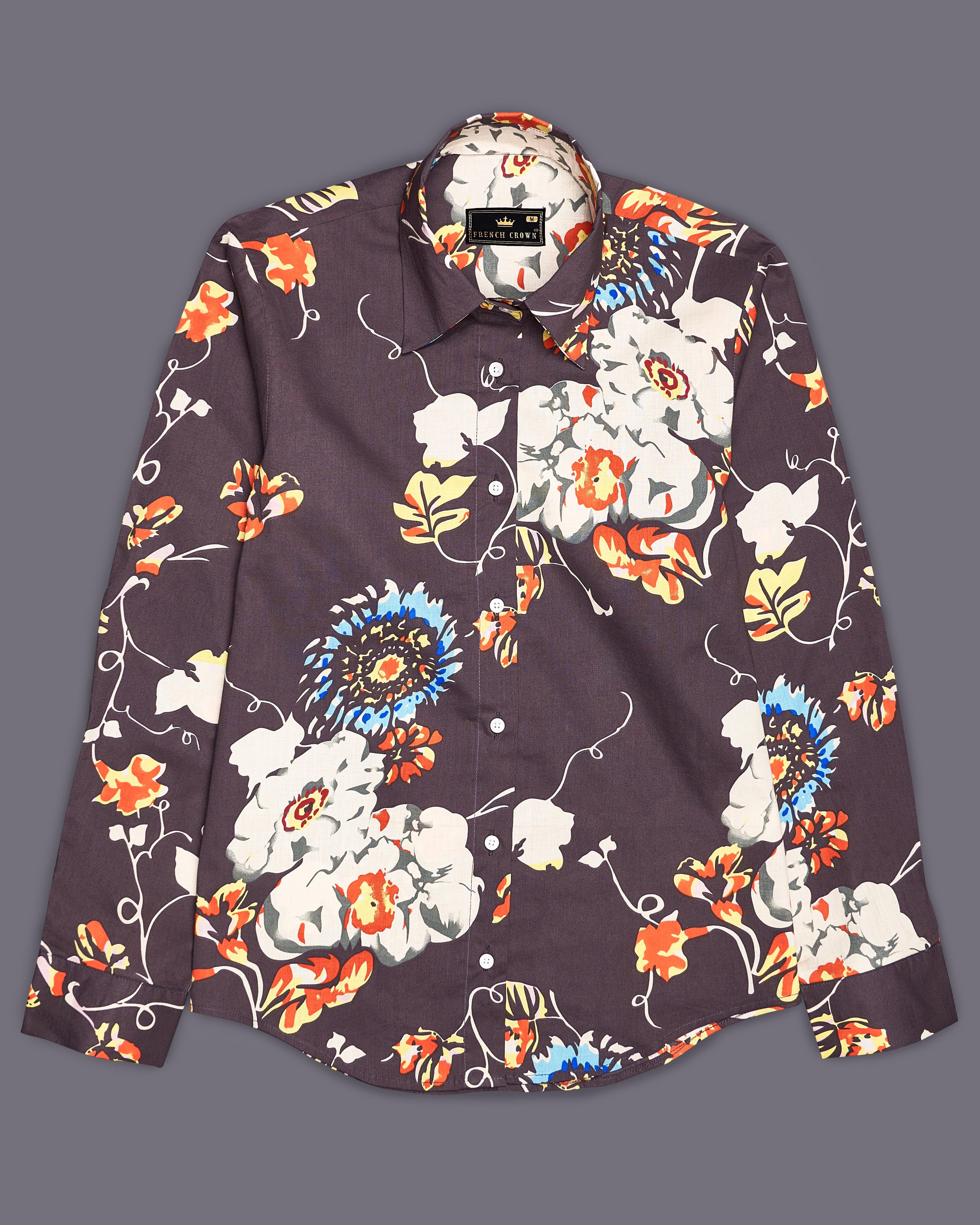 Fuscous Brown Floral Printed Premium Cotton Shirt WS018-32, WS018-34, WS018-36, WS018-38, WS018-40, WS018-42