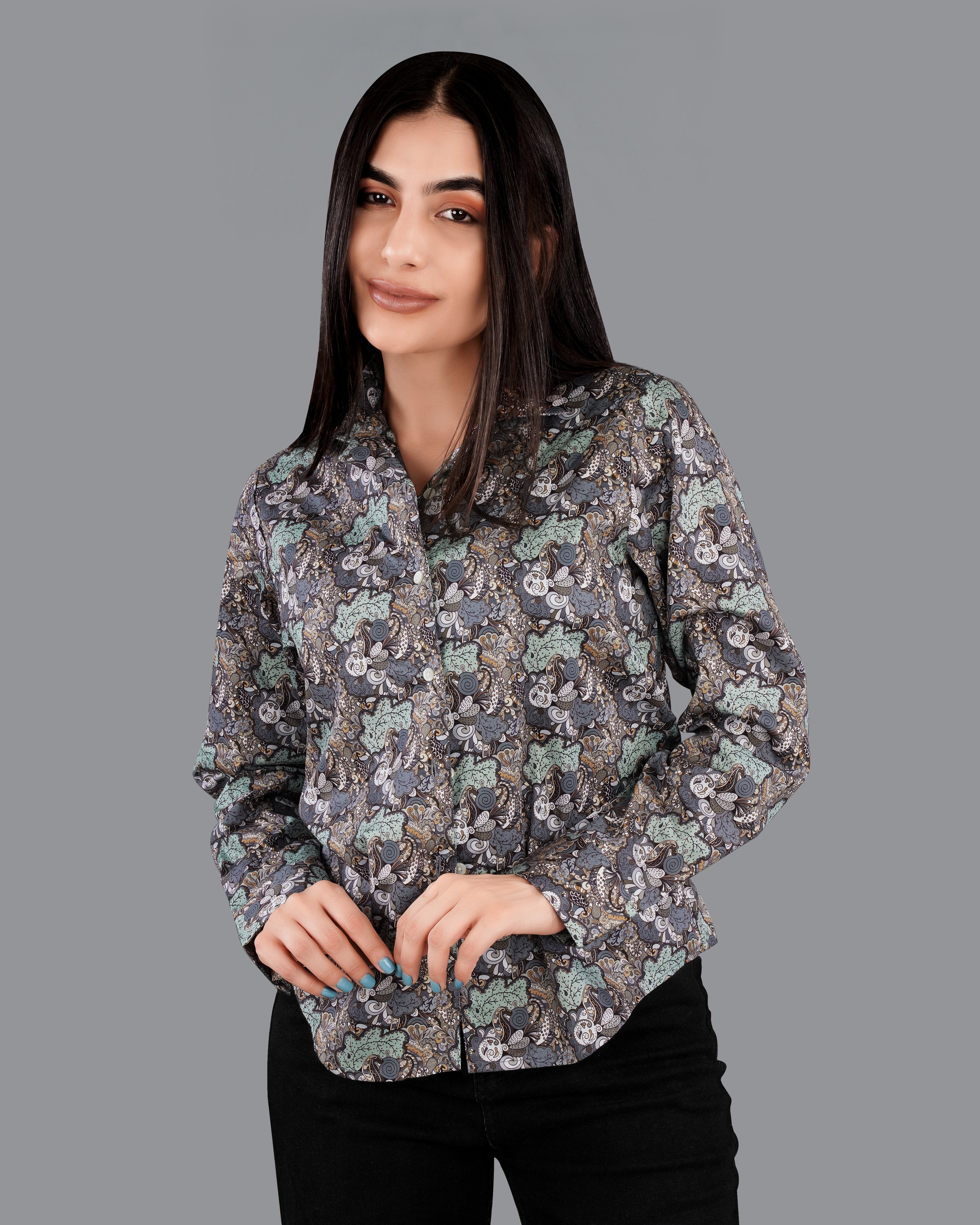 Pewter Green with Storm Gray Quirky Printed Premium Cotton Shirt WS031-CC-32, WS031-CC-34, WS031-CC-36, WS031-CC-38, WS031-CC-40, WS031-CC-42