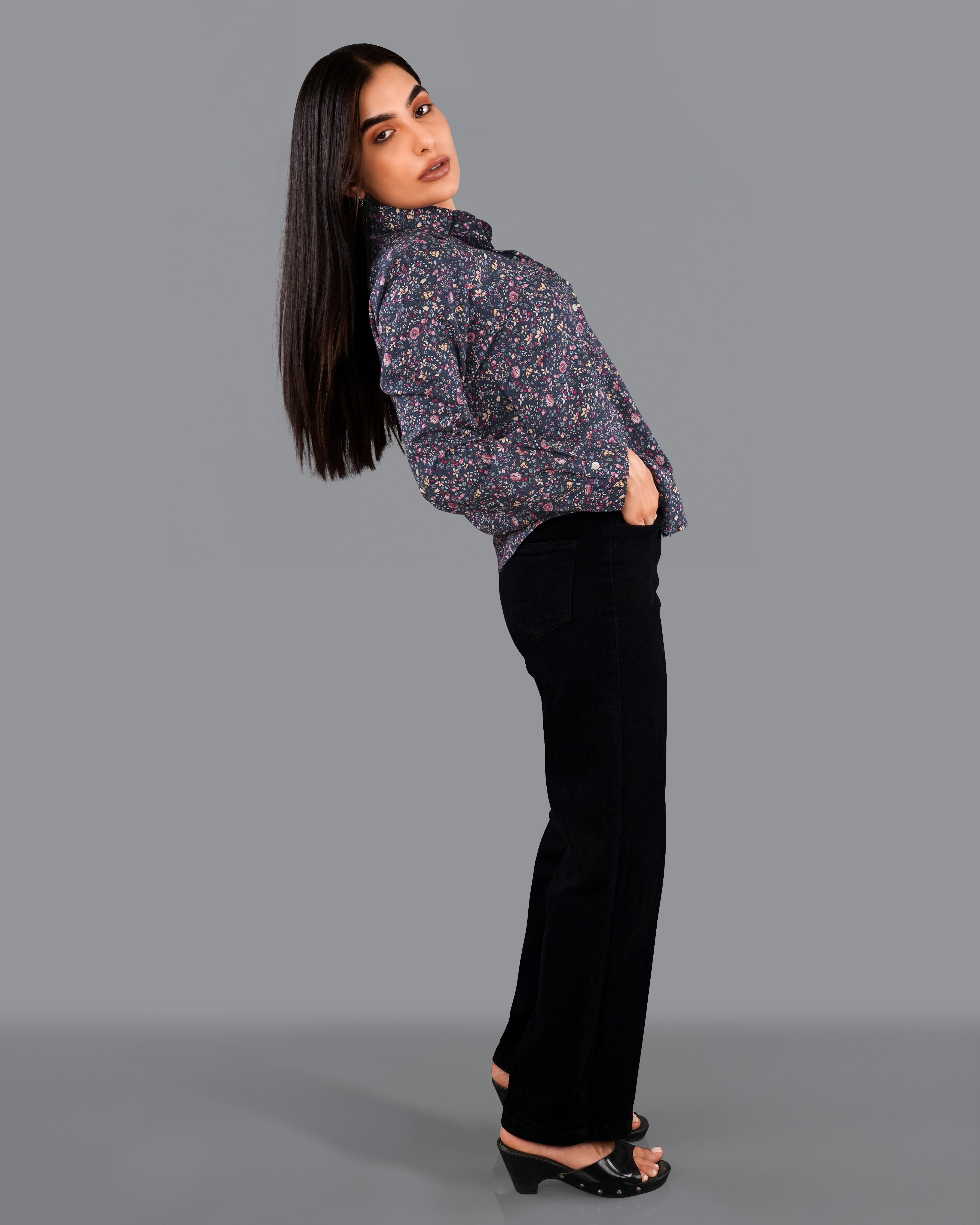 Ebony Blue Ditsy Printed Premium Tencel Shirt WS033-32, WS033-34, WS033-36, WS033-38, WS033-40, WS033-42