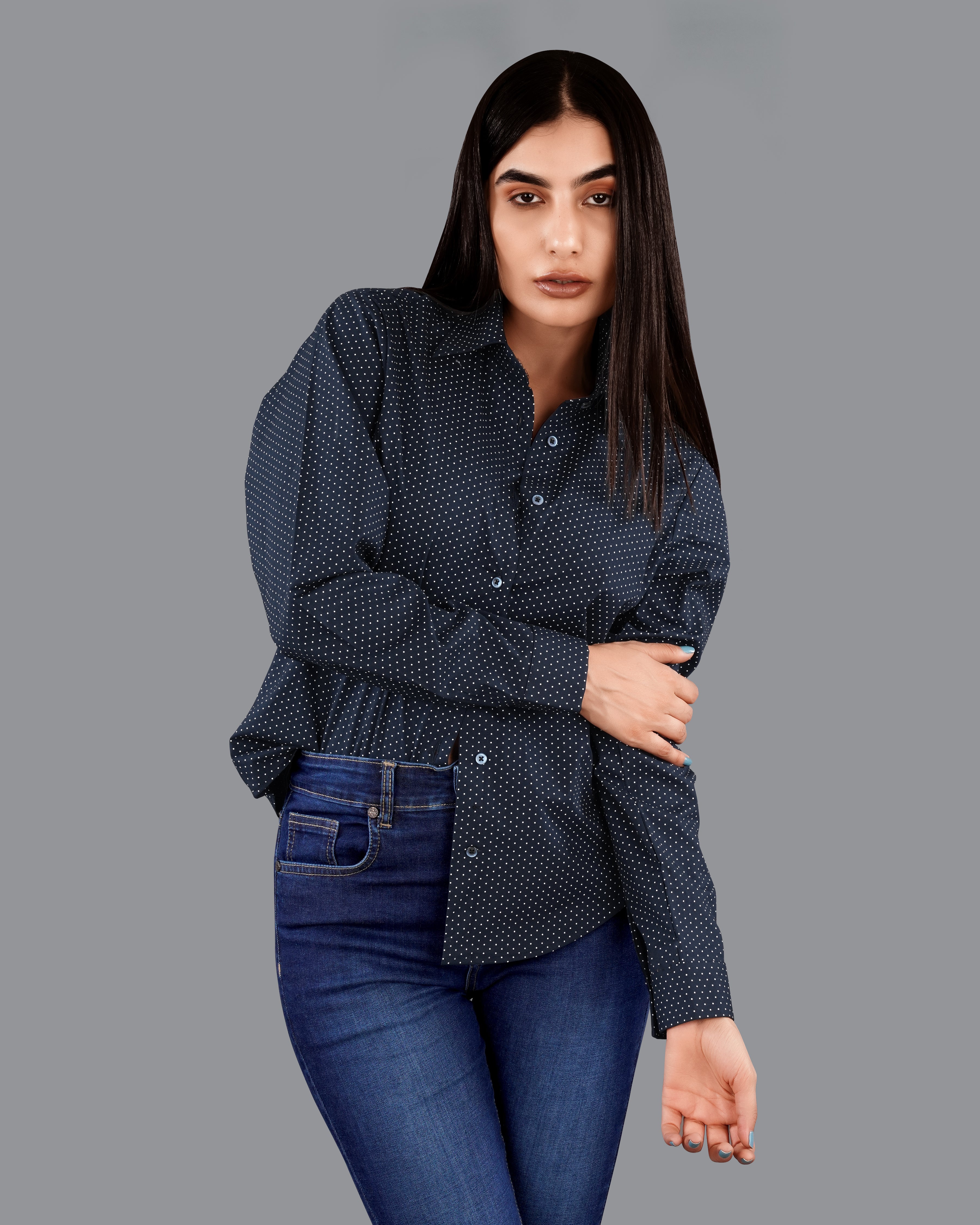 Ebony Clay Blue Polka Dotted Premium Cotton Shirt WS045-BLE-32, WS045-BLE-34, WS045-BLE-36, WS045-BLE-38, WS045-BLE-40, WS045-BLE-42