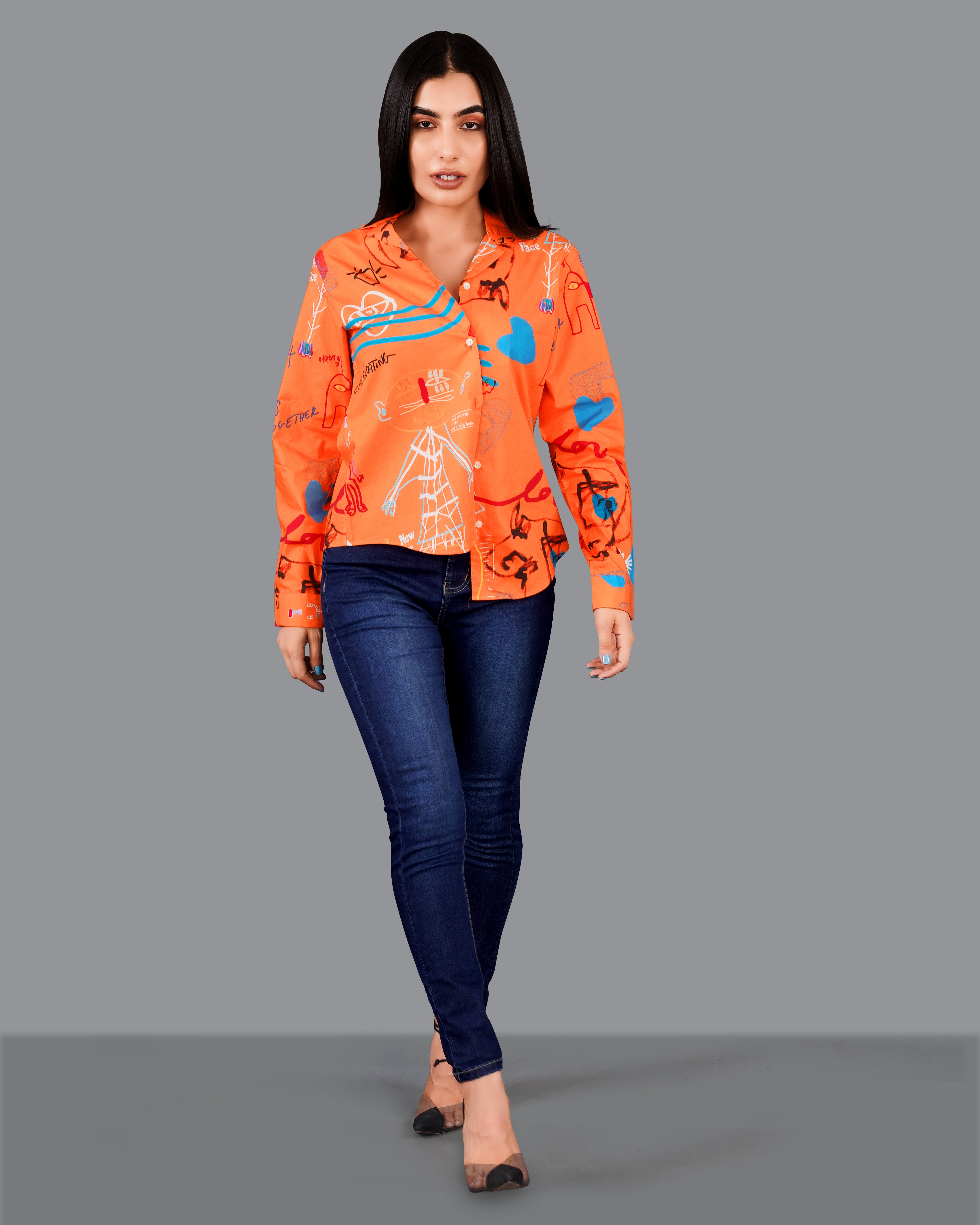 Burning Orange Quirky Printed Premium Cotton Shirt WS046-CC-32, WS046-CC-34, WS046-CC-36, WS046-CC-38, WS046-CC-40, WS046-CC-42