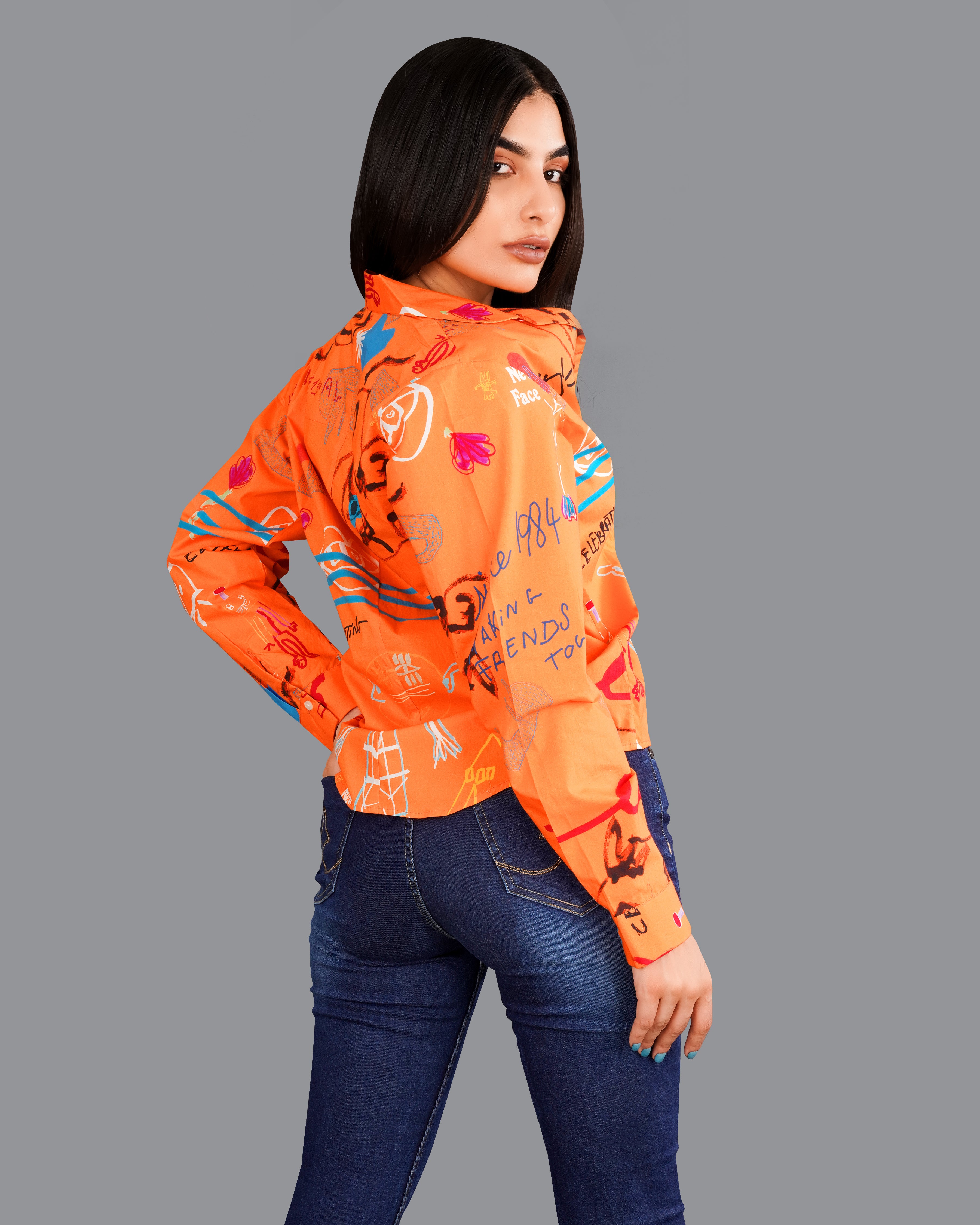 Burning Orange Quirky Printed Premium Cotton Shirt WS046-CC-32, WS046-CC-34, WS046-CC-36, WS046-CC-38, WS046-CC-40, WS046-CC-42
