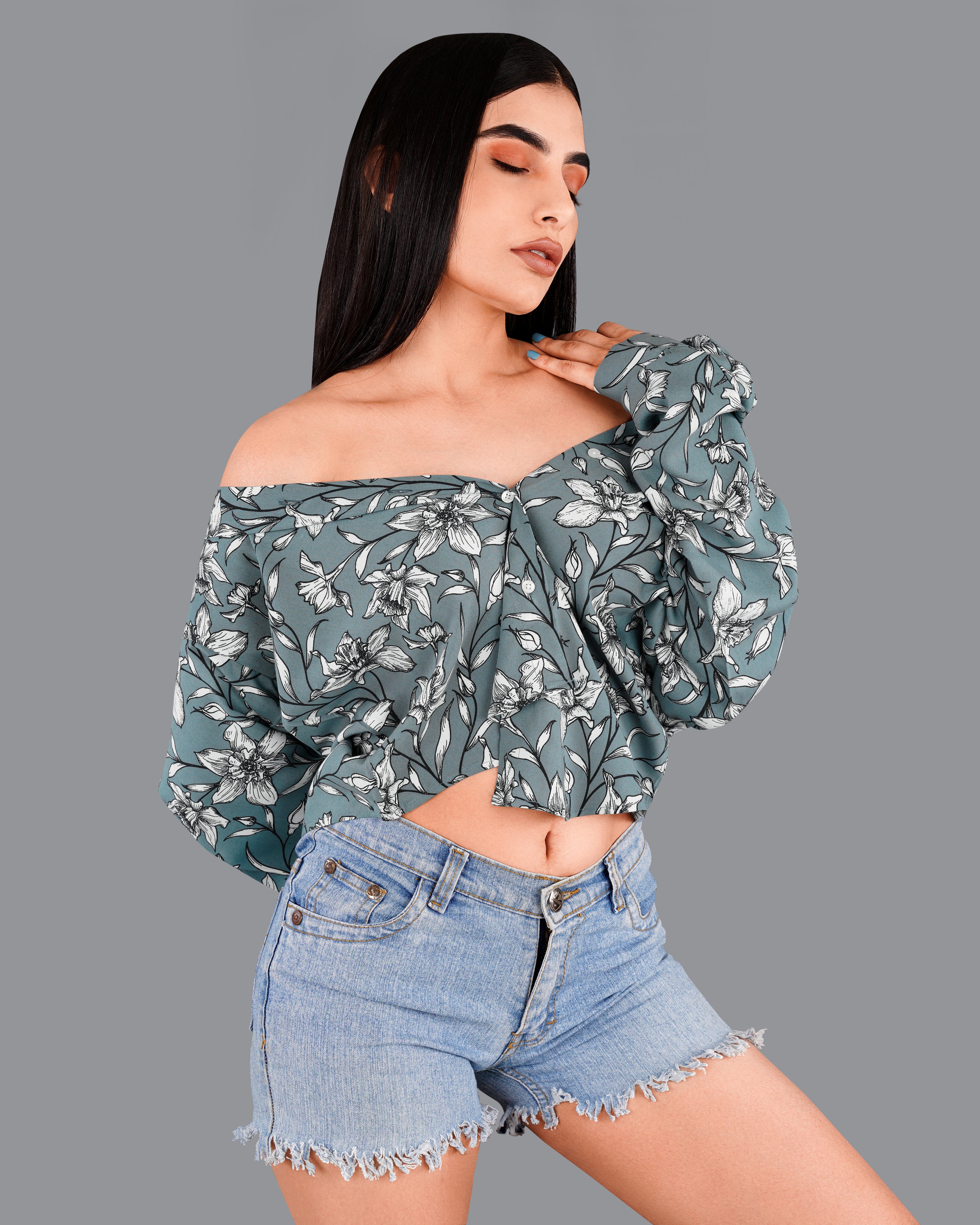 Turquoise Gray Floral Printed Premium Tencel Shirt WS049-32, WS049-34, WS049-36, WS049-38, WS049-40, WS049-42