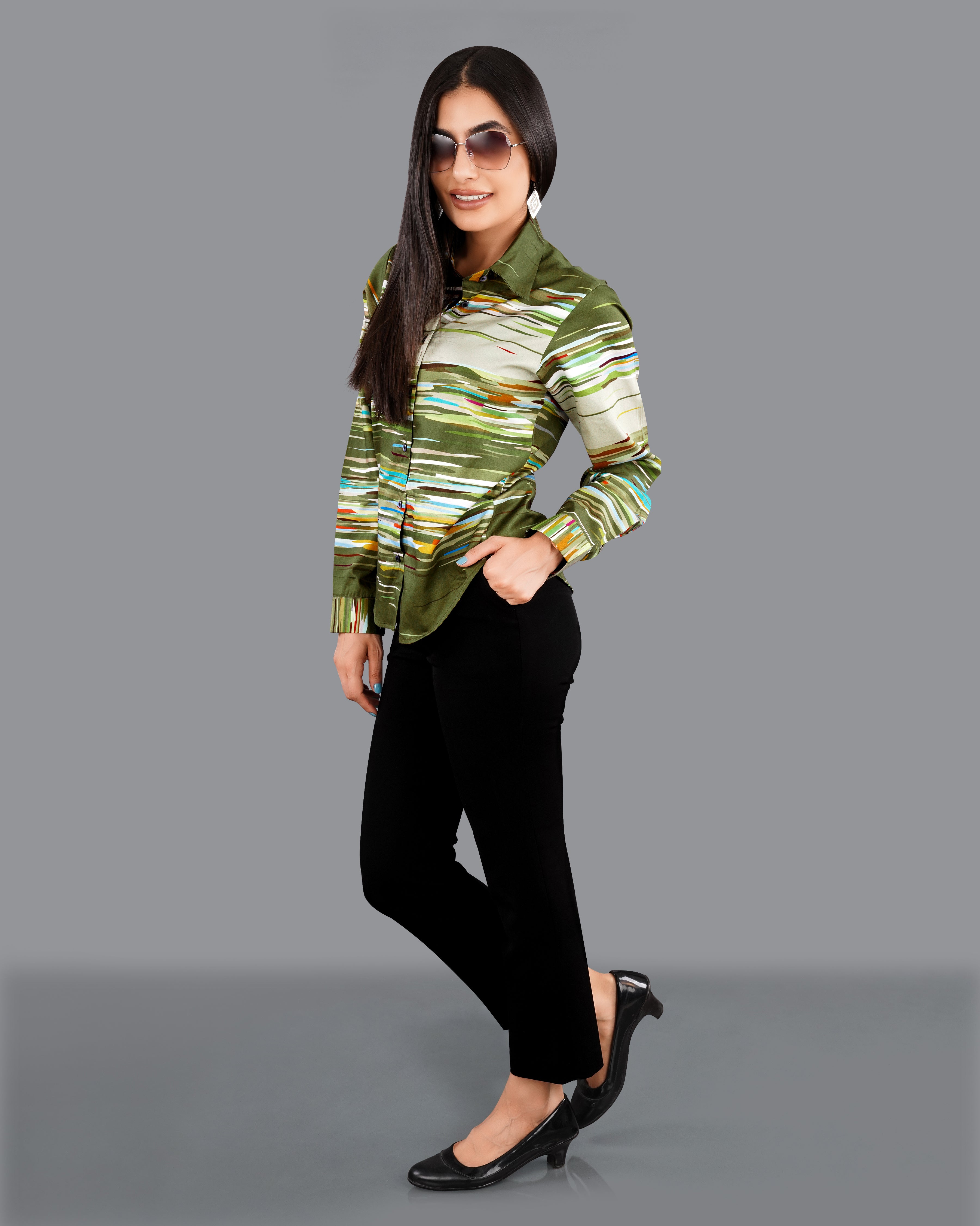 Verdigris Green Multicolour Printed Premium Tencel Shirt WS050-BLE-32, WS050-BLE-34, WS050-BLE-36, WS050-BLE-38, WS050-BLE-40, WS050-BLE-42