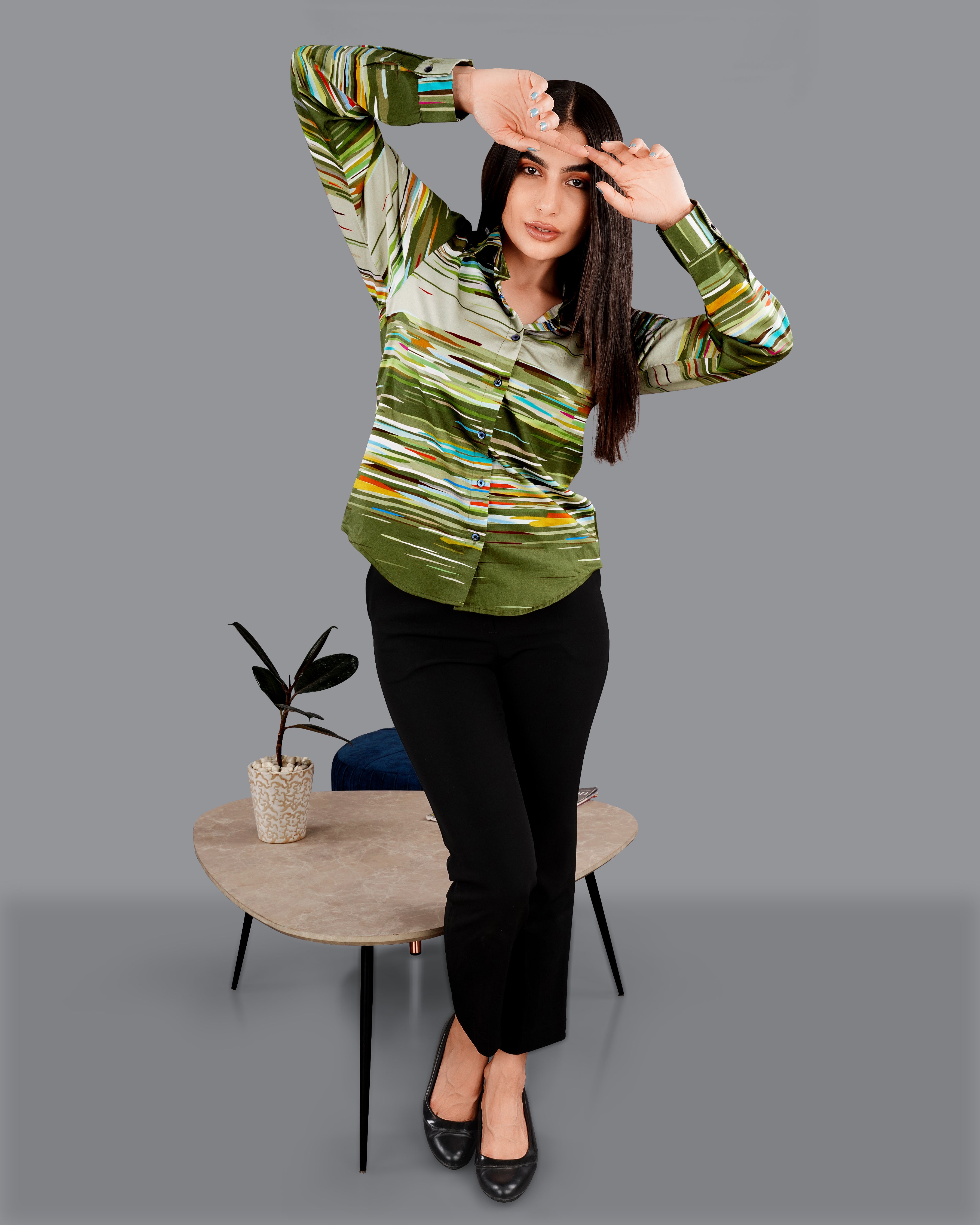 Verdigris Green Multicolour Printed Premium Tencel Shirt WS050-BLE-32, WS050-BLE-34, WS050-BLE-36, WS050-BLE-38, WS050-BLE-40, WS050-BLE-42